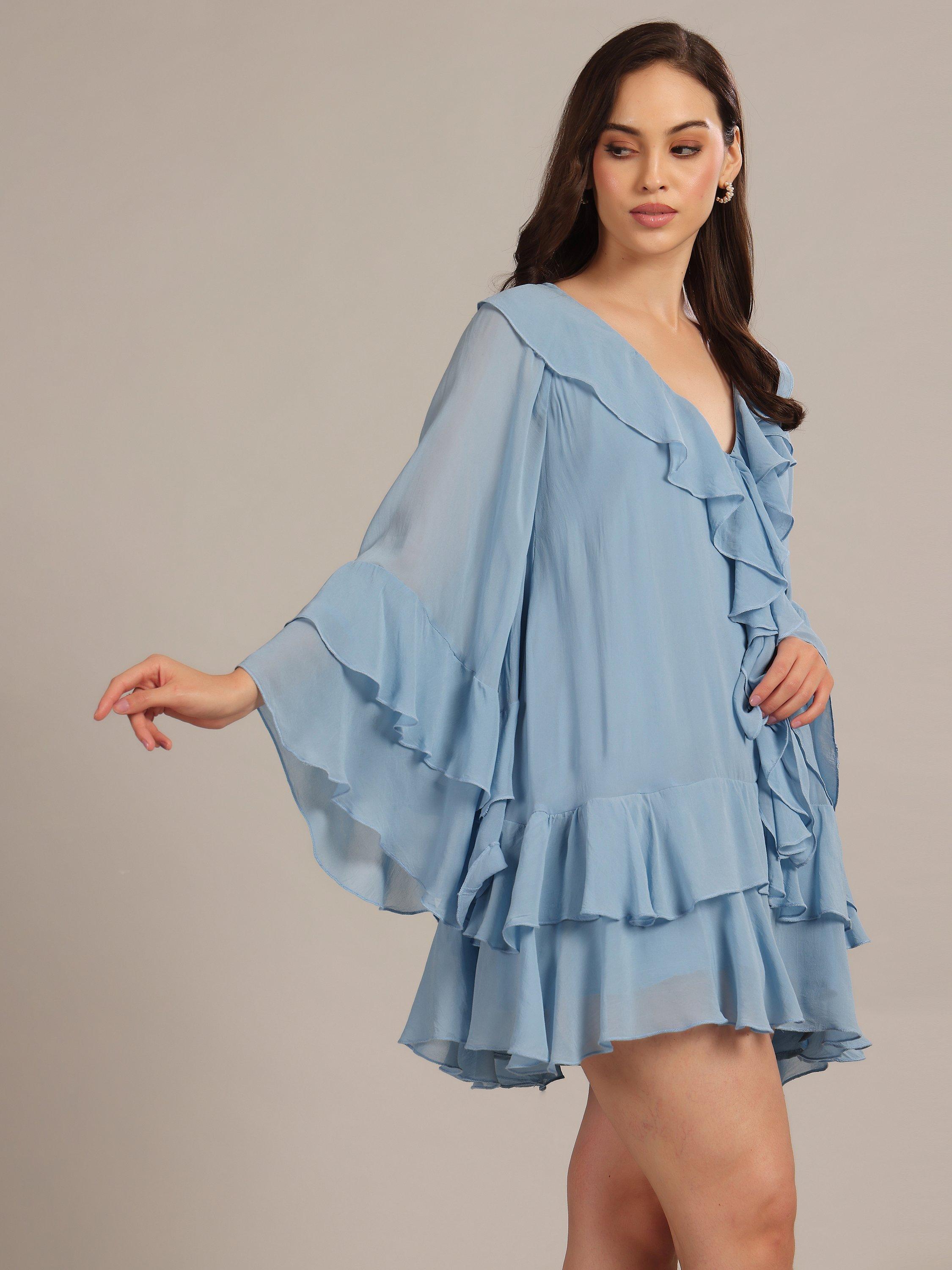 Product image 2 of 5, which shows Lace & Beads Analise Ruffle Chiffon Voile Mini Dress, Blue, 6