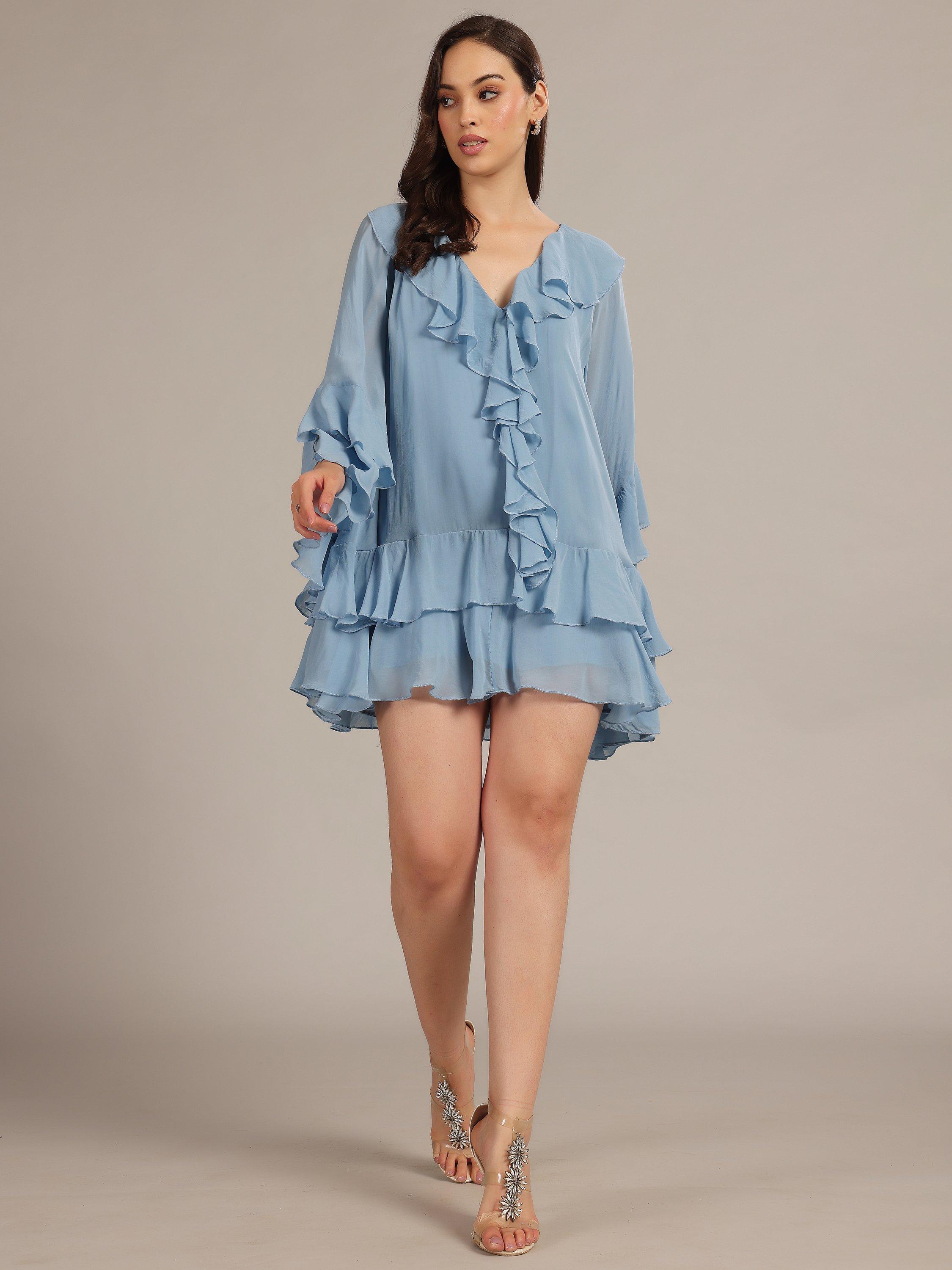 Product image 4 of 5, which shows Lace & Beads Analise Ruffle Chiffon Voile Mini Dress, Blue, 6