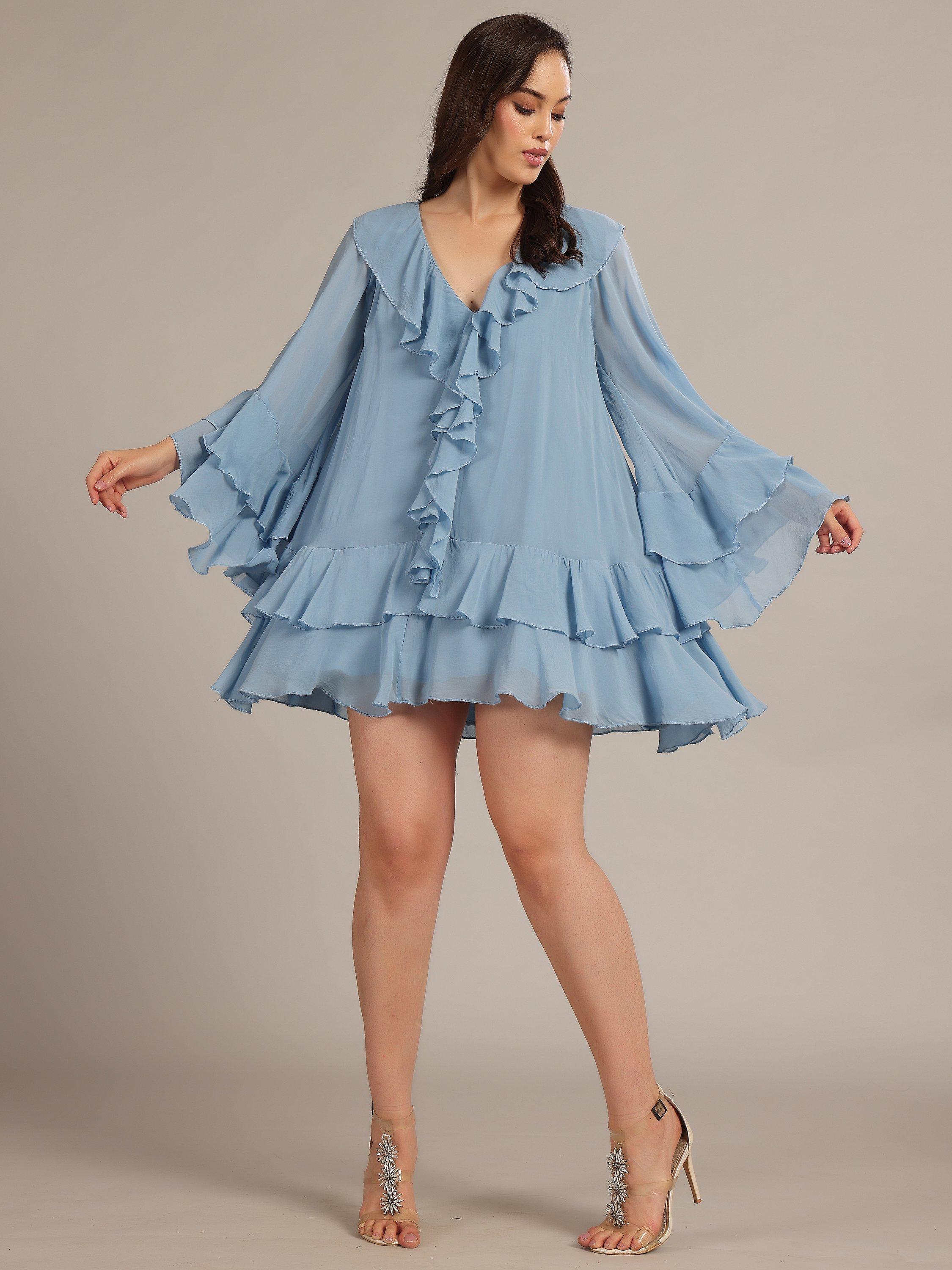 Product image 5 of 5, which shows Lace & Beads Analise Ruffle Chiffon Voile Mini Dress, Blue, 6
