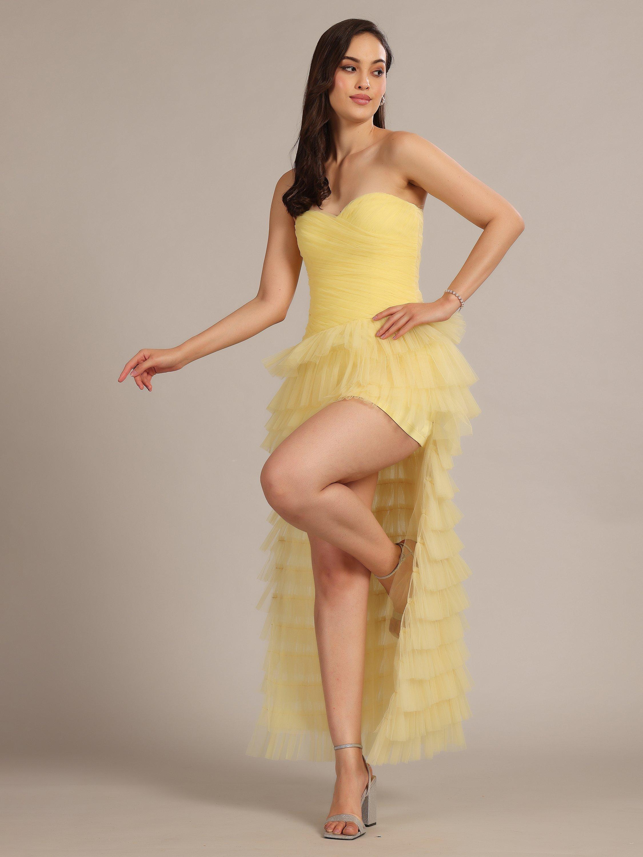 Product image 1 of 5, which shows Lace & Beads Anica Tulle Ruffle Maxi Dress, Yellow, 6