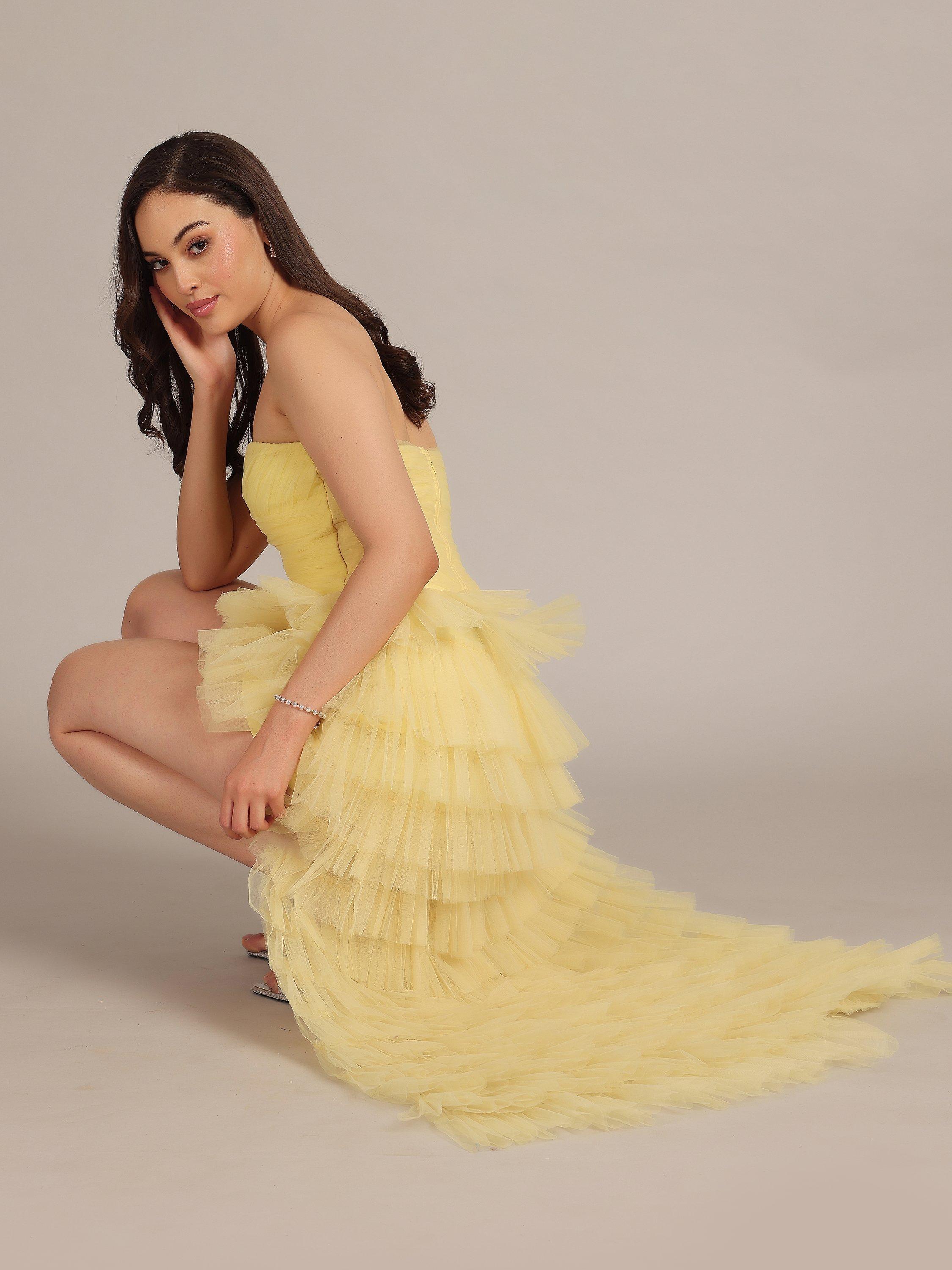 Product image 2 of 5, which shows Lace & Beads Anica Tulle Ruffle Maxi Dress, Yellow, 6
