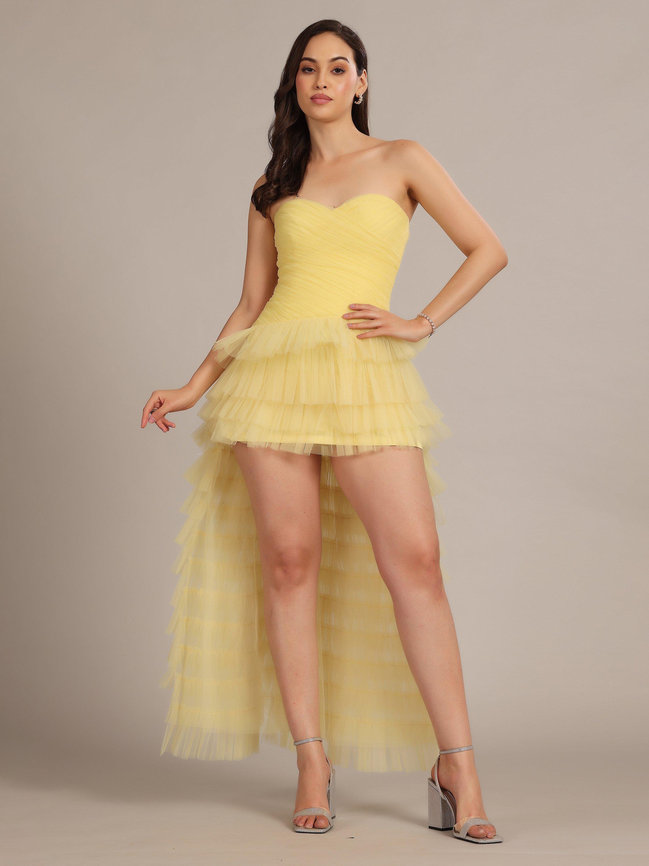 Product image 3 of 5, which shows Lace & Beads Anica Tulle Ruffle Maxi Dress, Yellow, 6