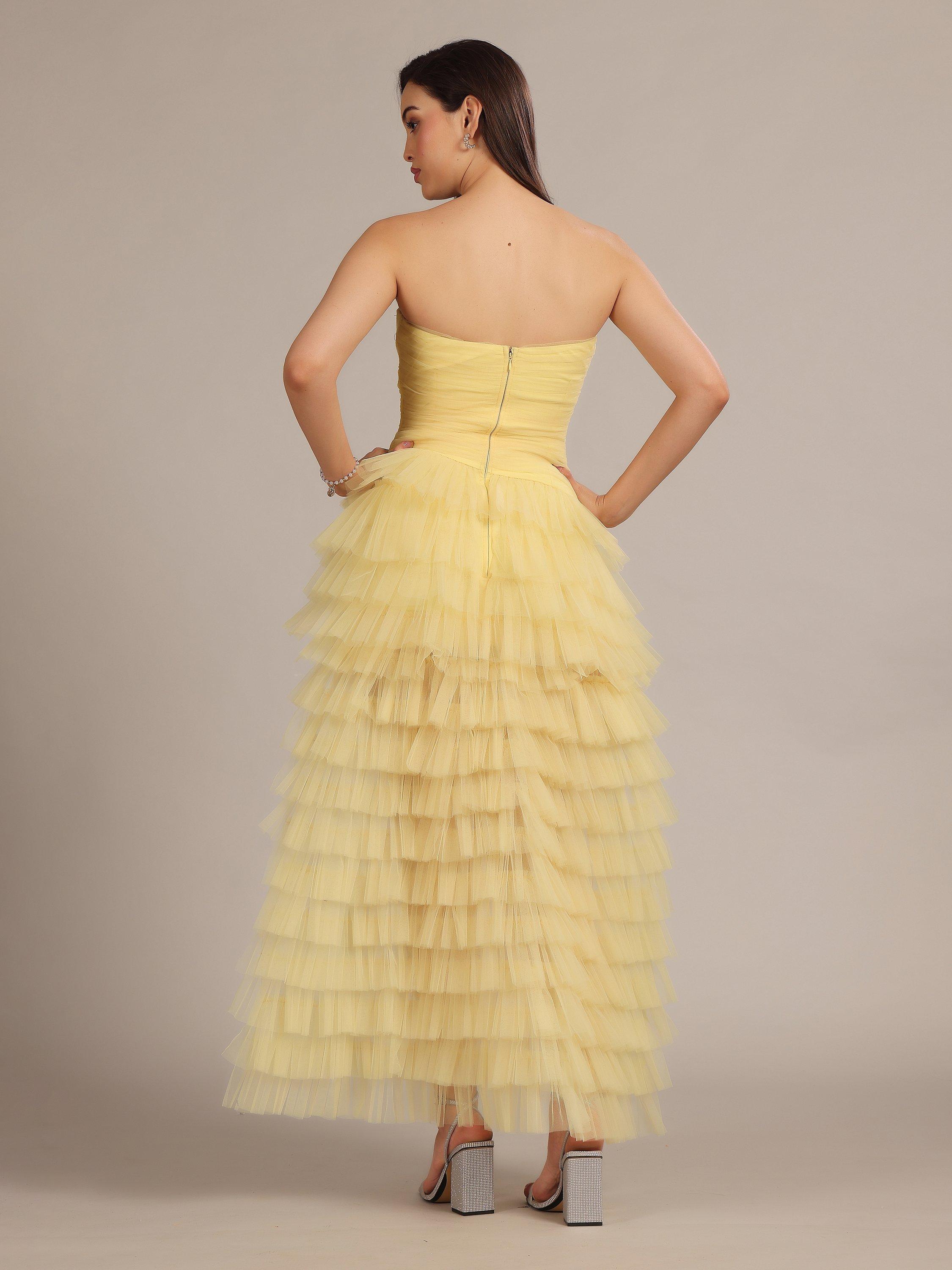 Product image 4 of 5, which shows Lace & Beads Anica Tulle Ruffle Maxi Dress, Yellow, 6
