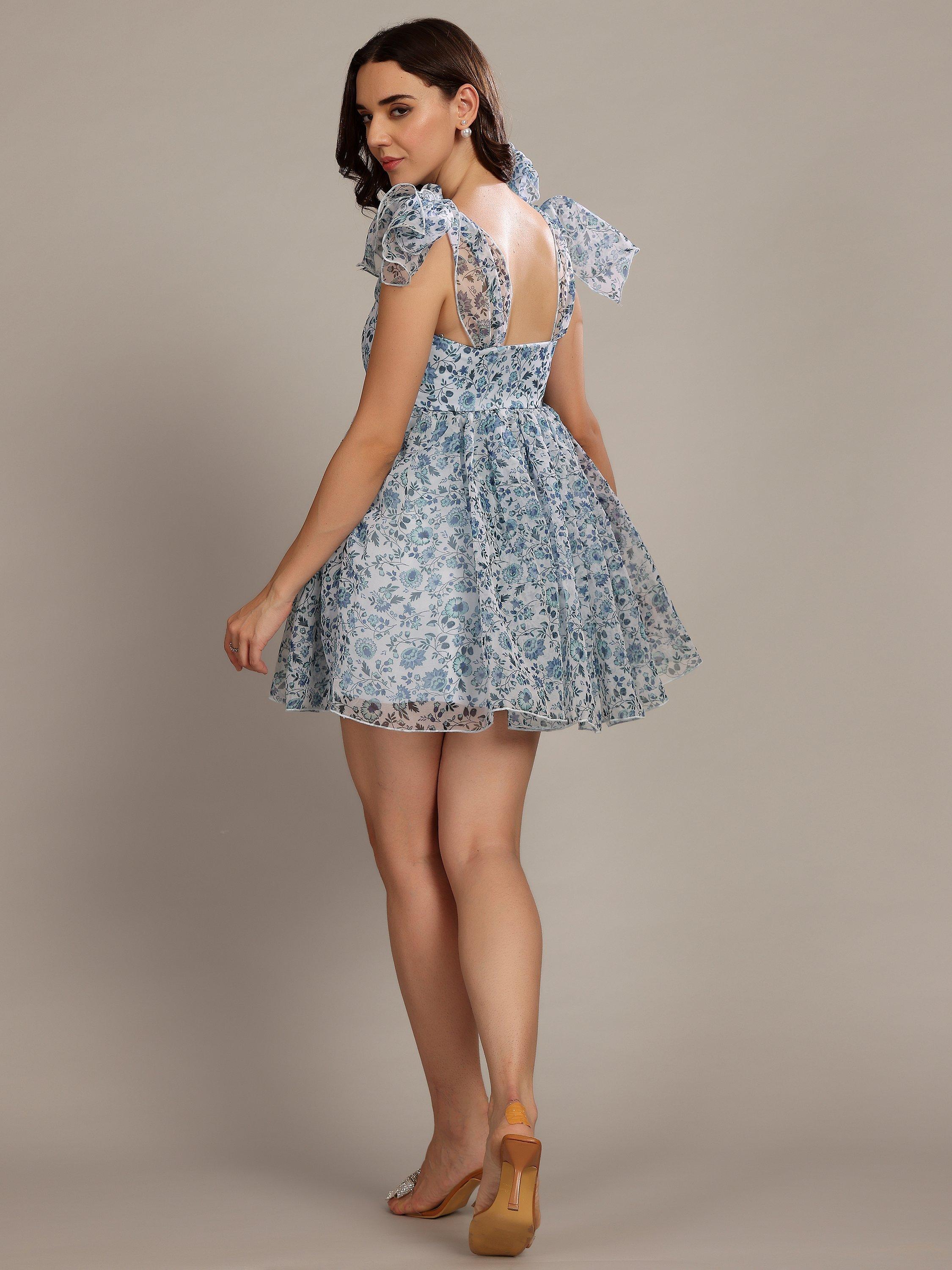 Product image 2 of 6, which shows Lace & Beads Antalya Sleeveless Organza Bow Shoulder Mini Dress, Blue/White, 6