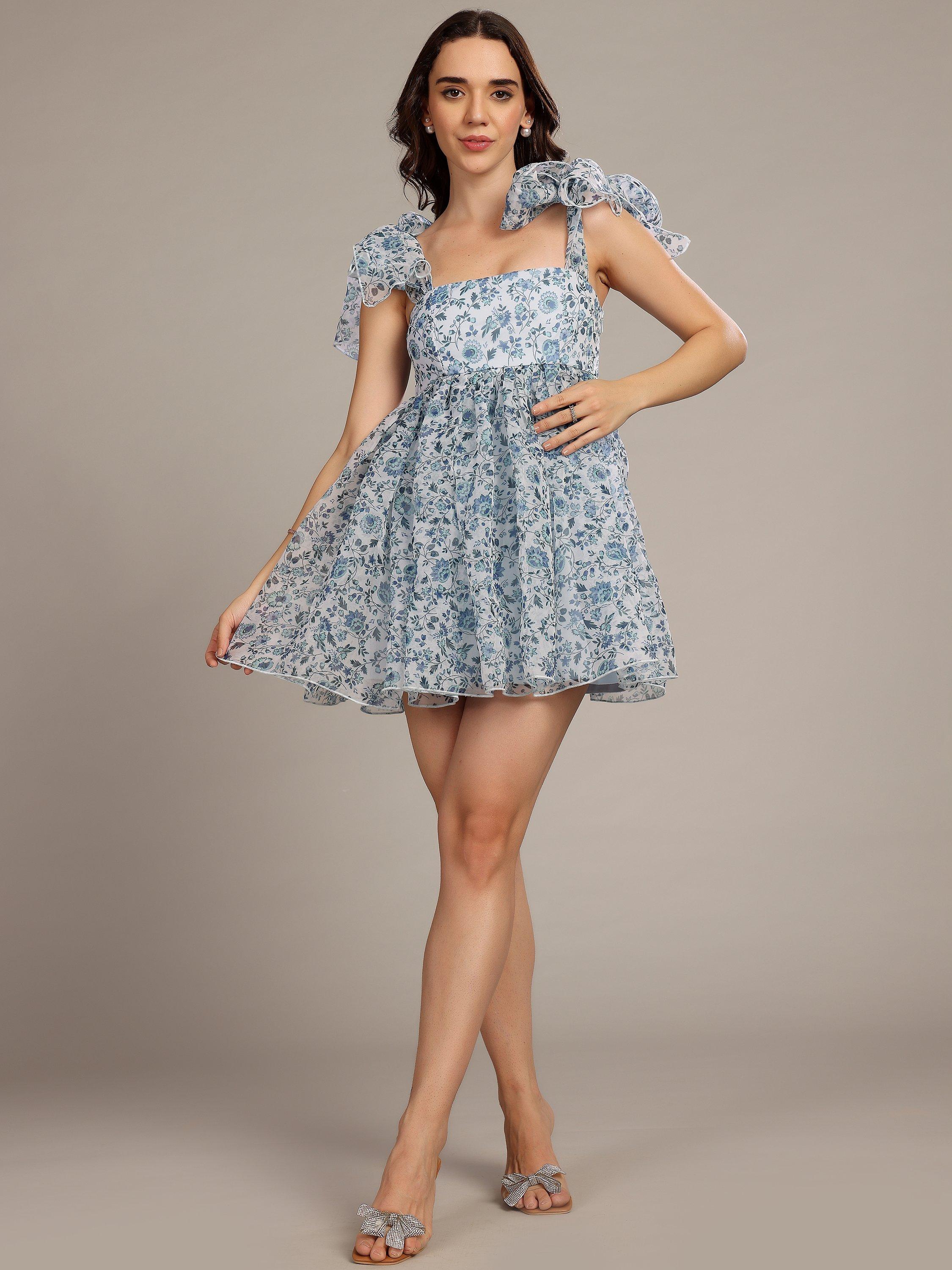 Product image 3 of 6, which shows Lace & Beads Antalya Sleeveless Organza Bow Shoulder Mini Dress, Blue/White, 6