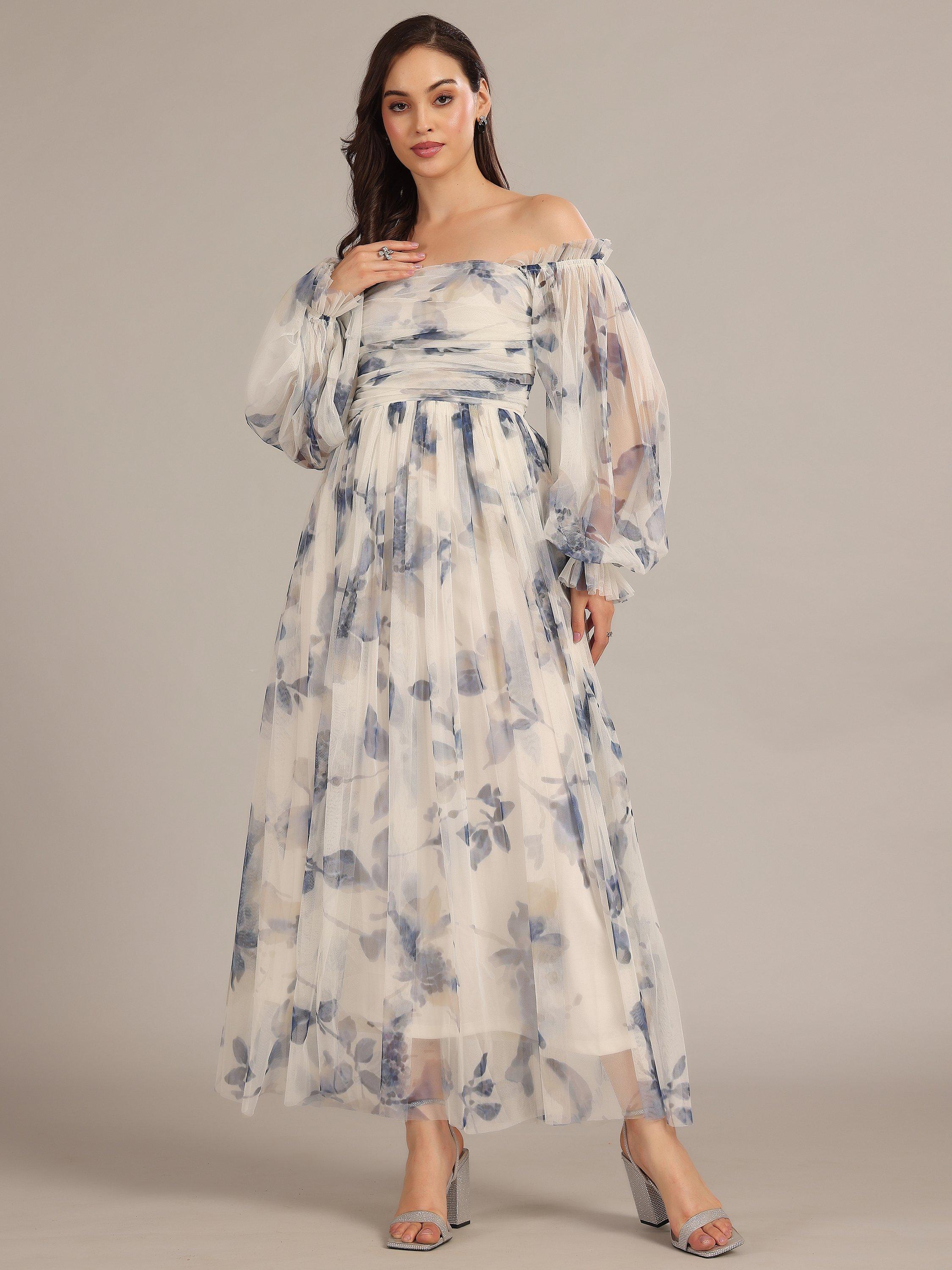 Lace & Beads Lana Floral Off Shoulder Maxi Dress, White/Blue