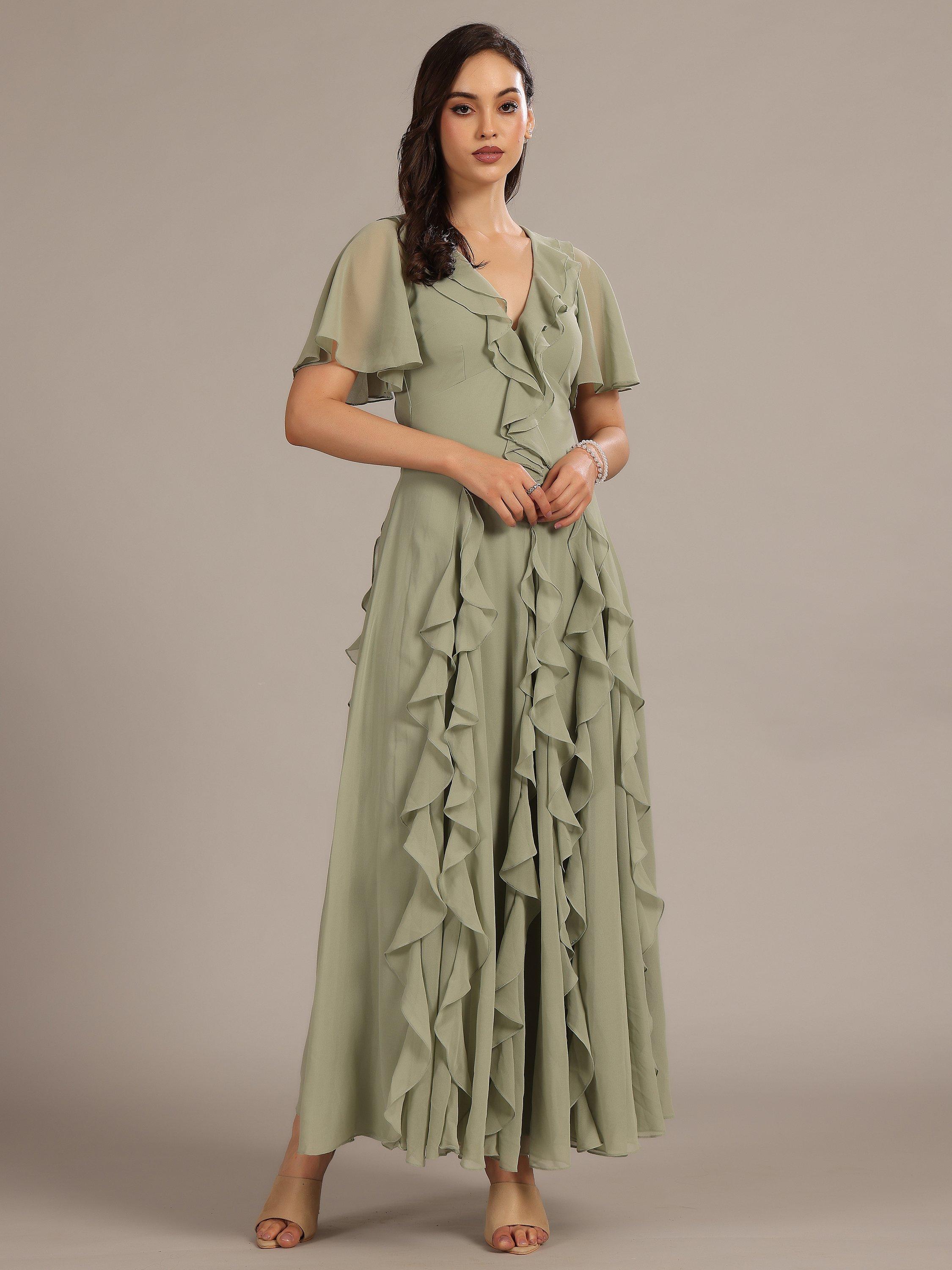 Product image 1 of 5, which shows Lace & Beads Hertia Plunging Backless Ruffle Chiffon Voile Maxi Dress, Sage, 6