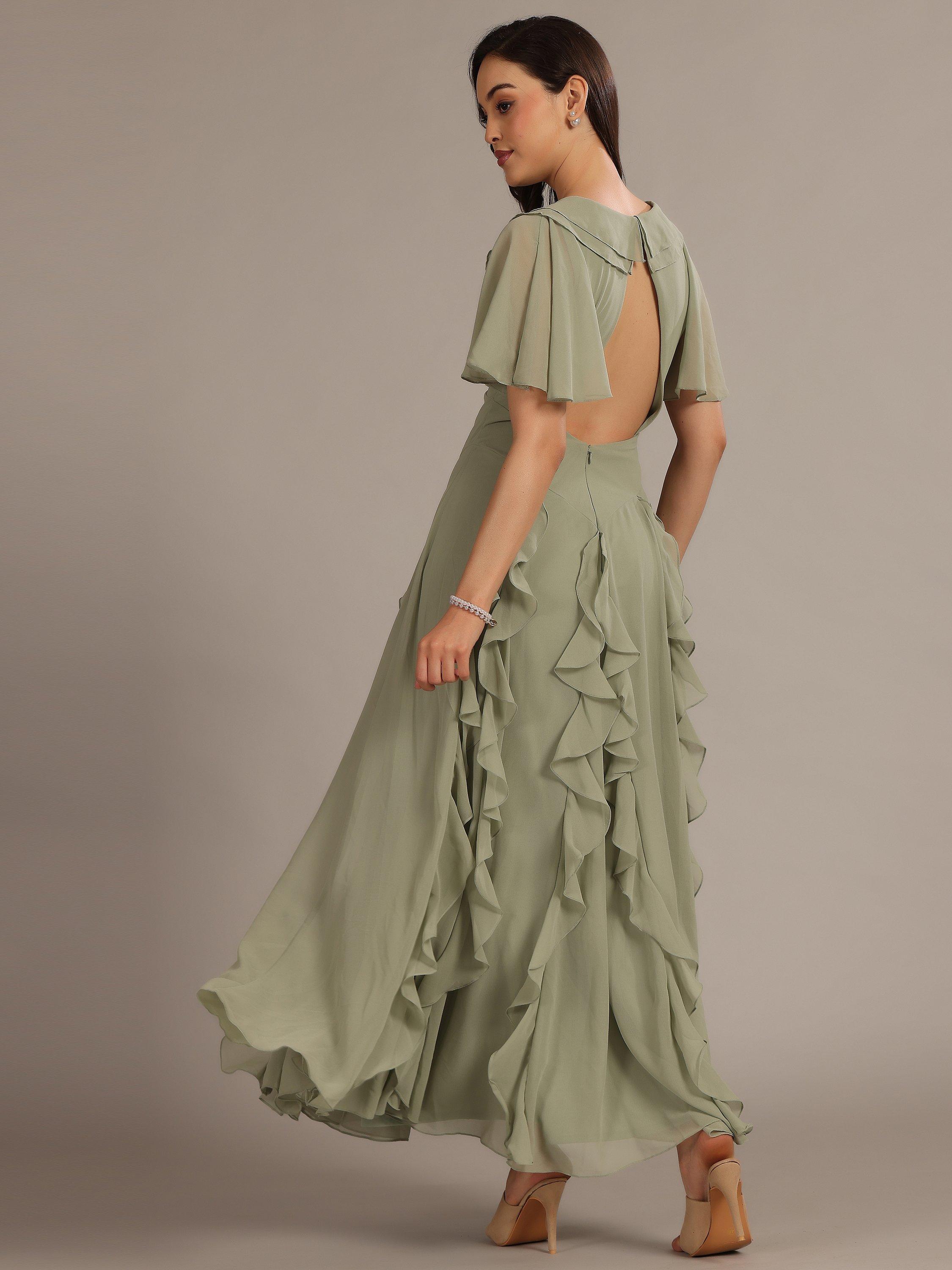 Product image 2 of 5, which shows Lace & Beads Hertia Plunging Backless Ruffle Chiffon Voile Maxi Dress, Sage, 6