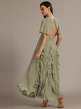 Lace & Beads Hertia Plunging Backless Ruffle Chiffon Voile Maxi Dress, Sage