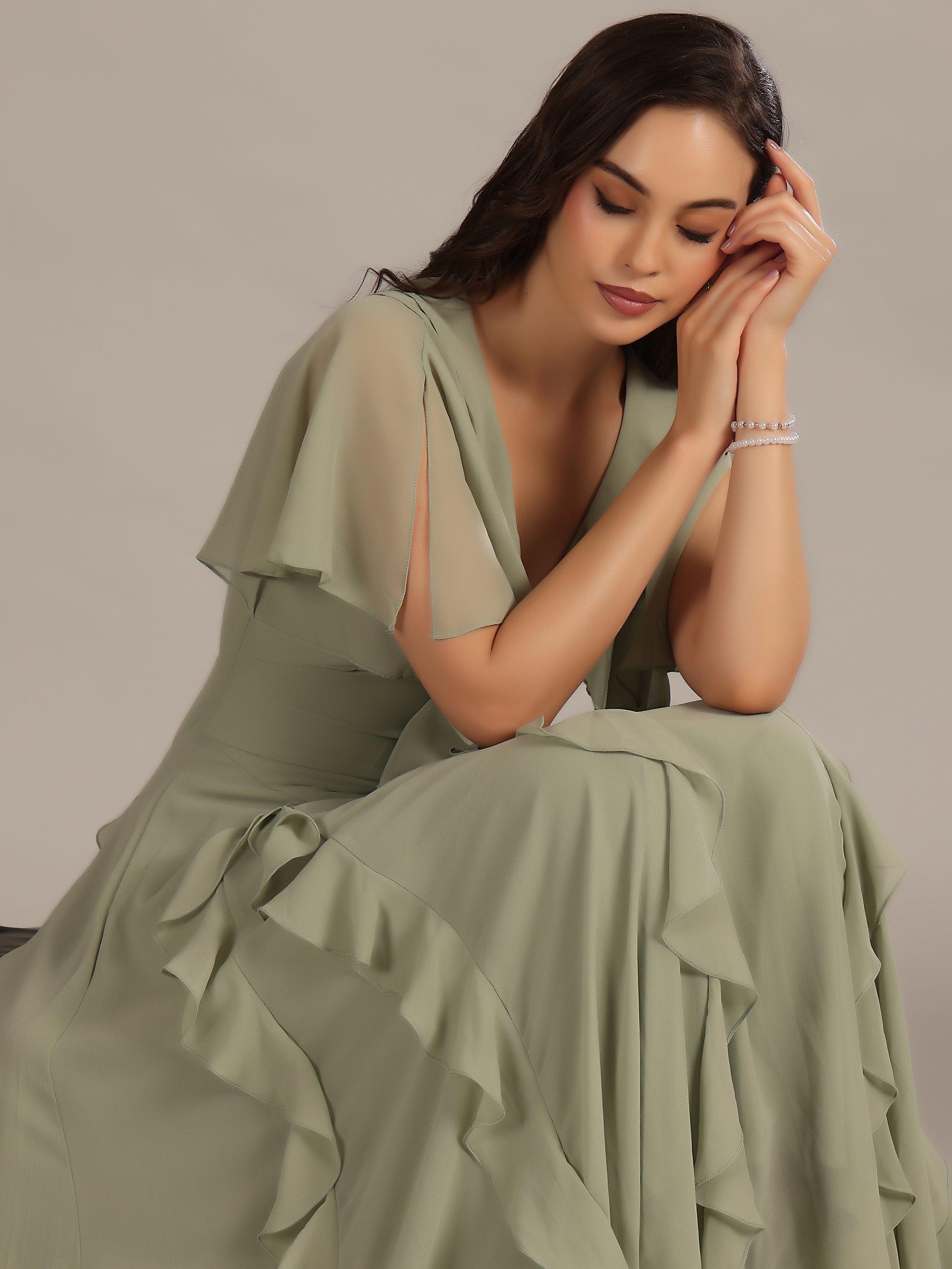 Product image 4 of 5, which shows Lace & Beads Hertia Plunging Backless Ruffle Chiffon Voile Maxi Dress, Sage, 6