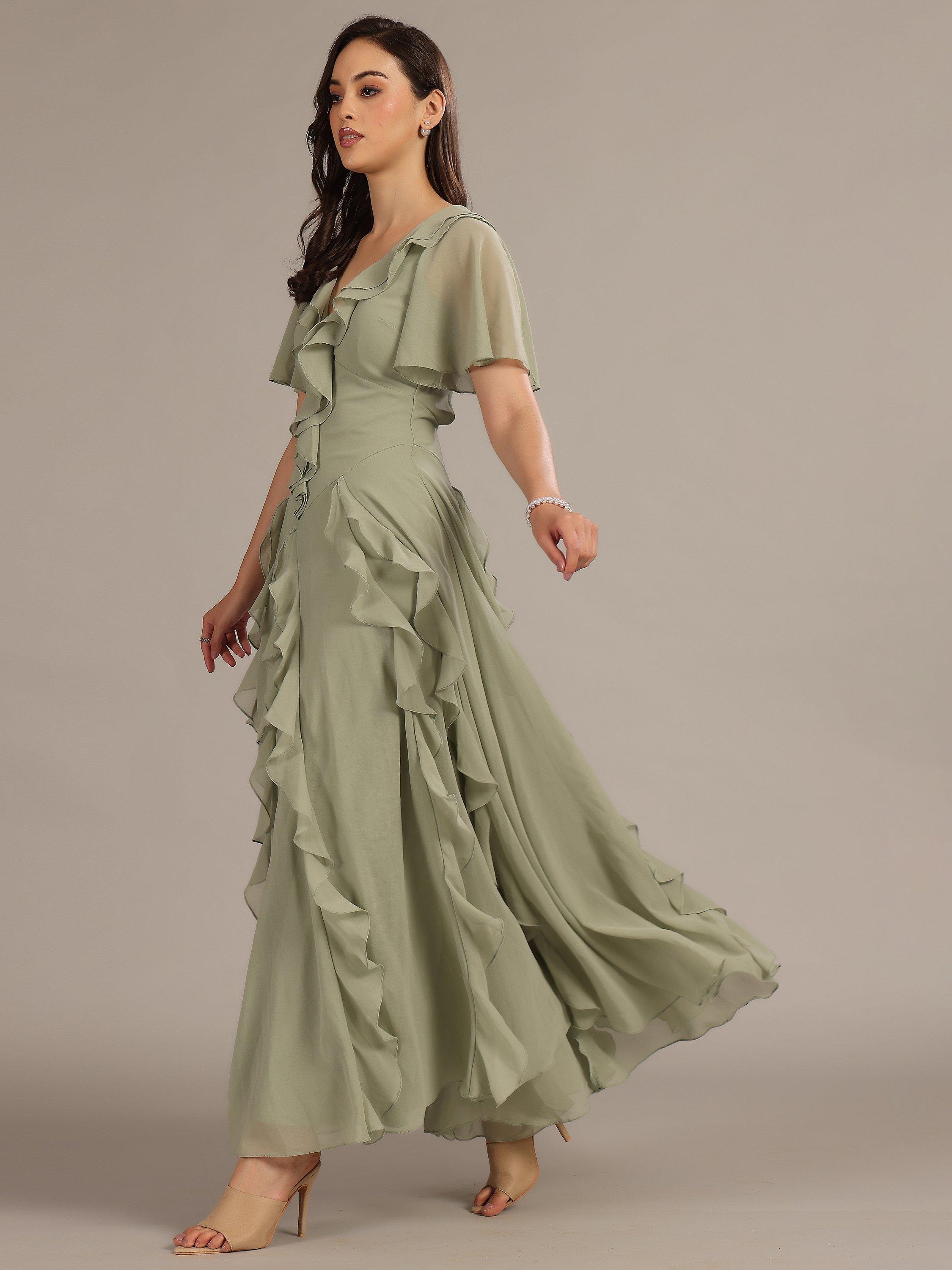 Product image 5 of 5, which shows Lace & Beads Hertia Plunging Backless Ruffle Chiffon Voile Maxi Dress, Sage, 6
