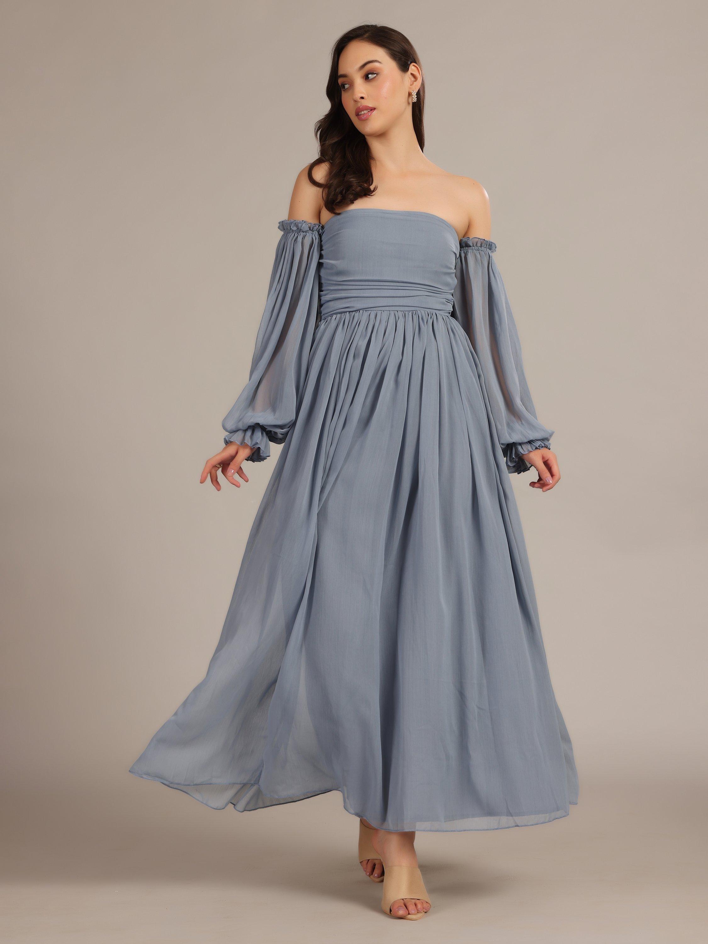 Product image 1 of 5, which shows Lace & Beads Lana Chiffon Off-Shoulder Maxi Dress, Dusty Blue, 6