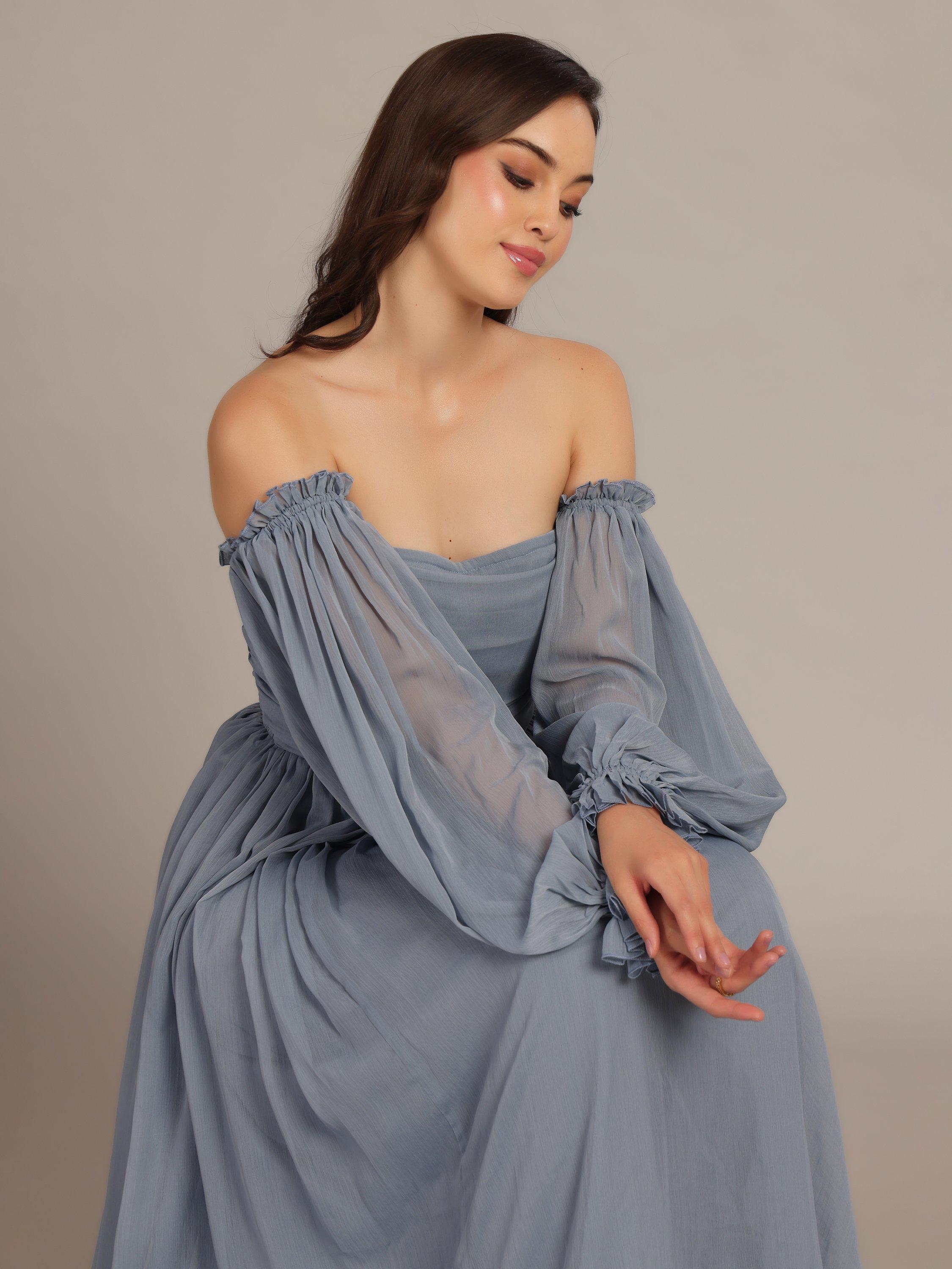 Product image 3 of 5, which shows Lace & Beads Lana Chiffon Off-Shoulder Maxi Dress, Dusty Blue, 6