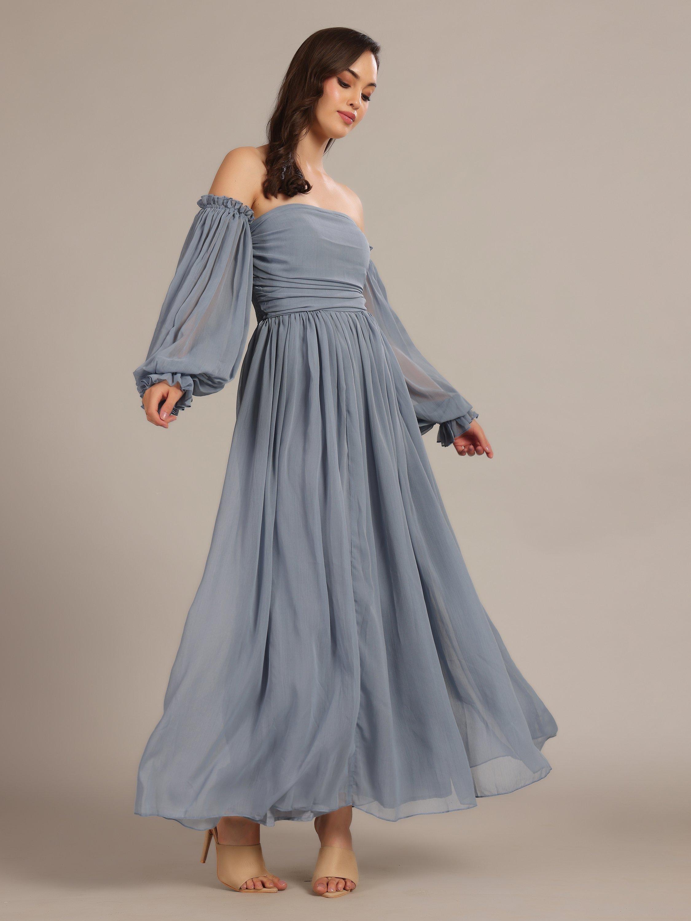 Product image 4 of 5, which shows Lace & Beads Lana Chiffon Off-Shoulder Maxi Dress, Dusty Blue, 6