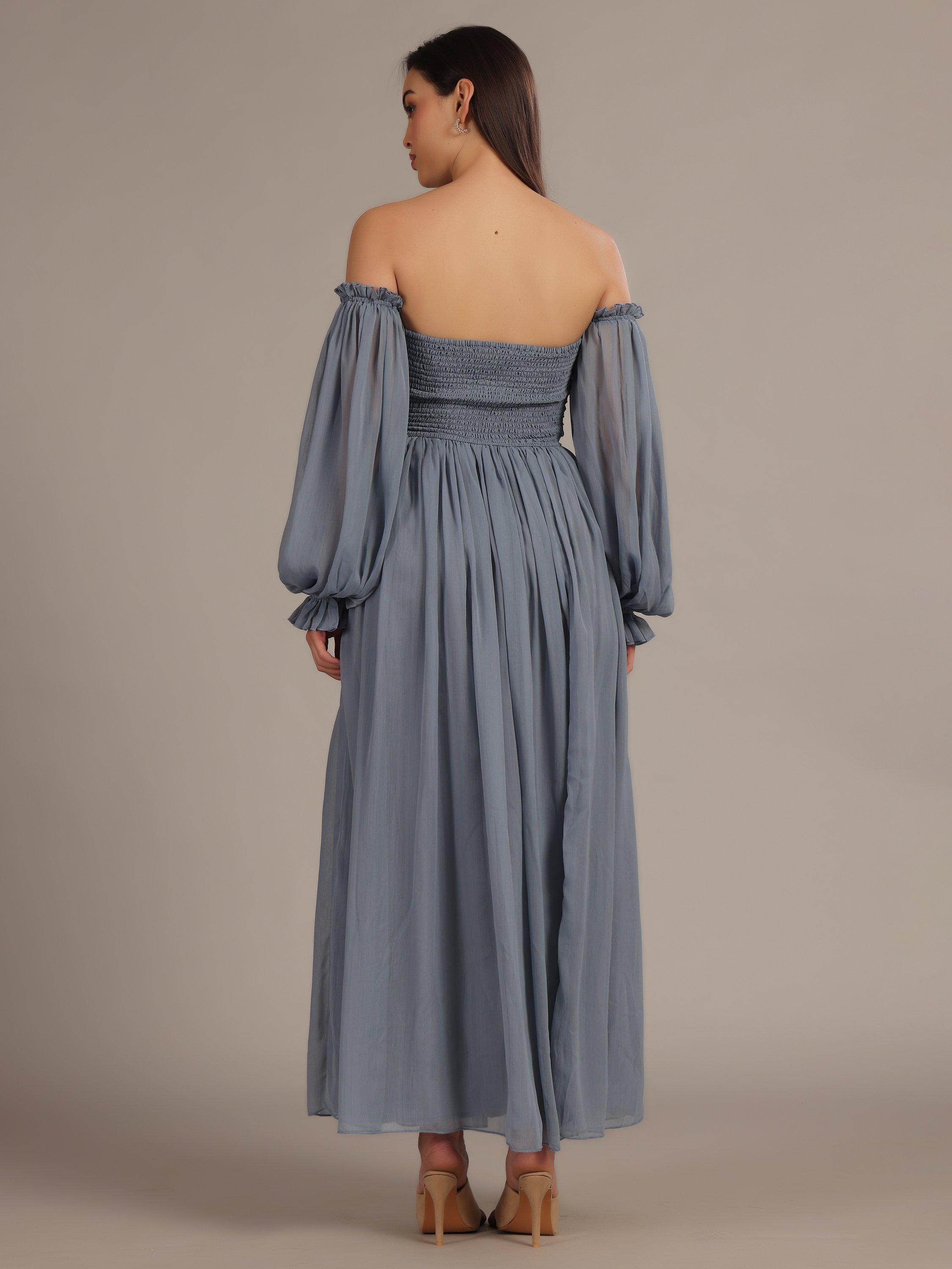 Product image 5 of 5, which shows Lace & Beads Lana Chiffon Off-Shoulder Maxi Dress, Dusty Blue, 6