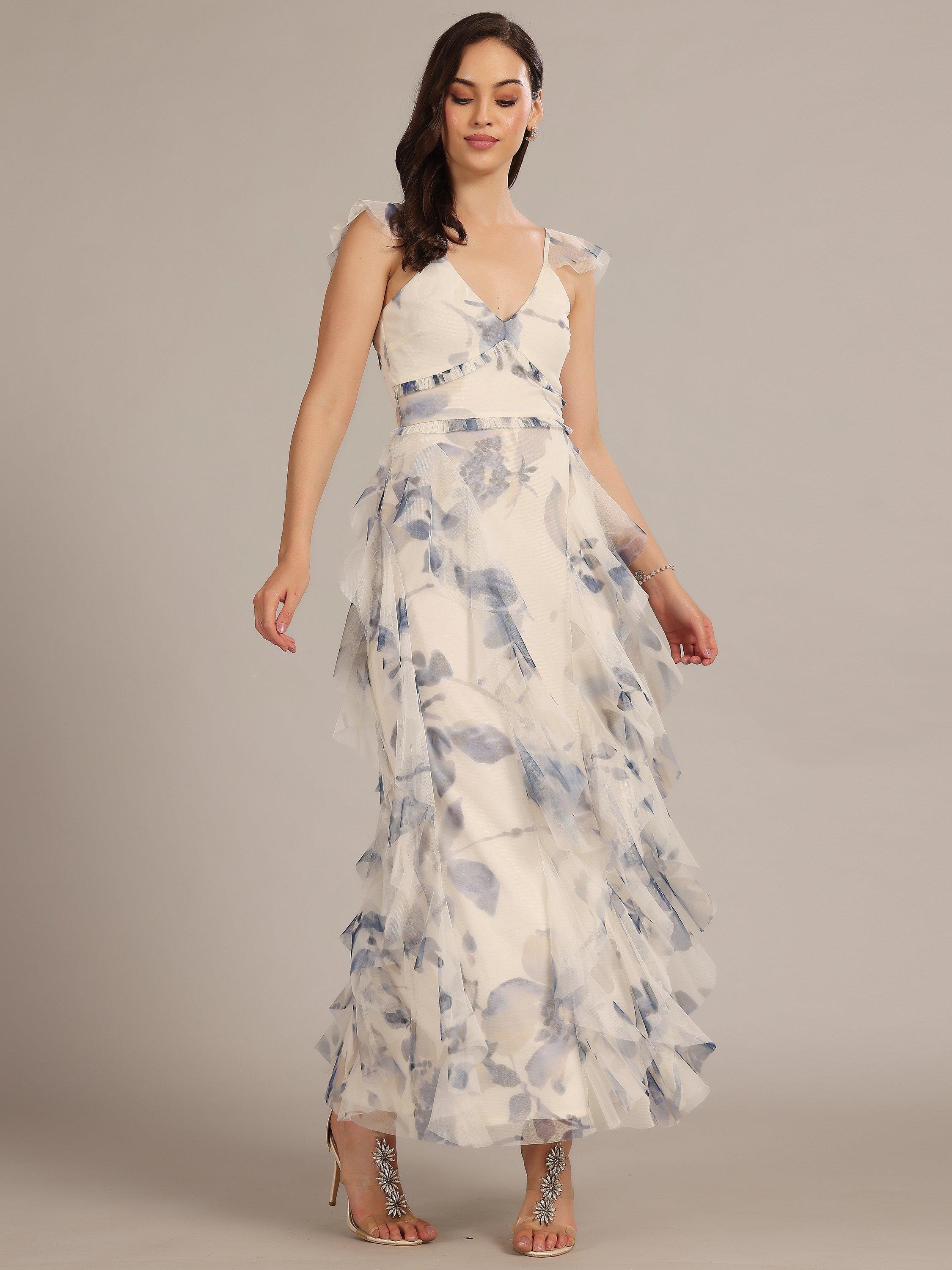 Product image 1 of 5, which shows Lace & Beads Malin Floral Tulle Ruffle Maxi Dress, White/Blue, 6