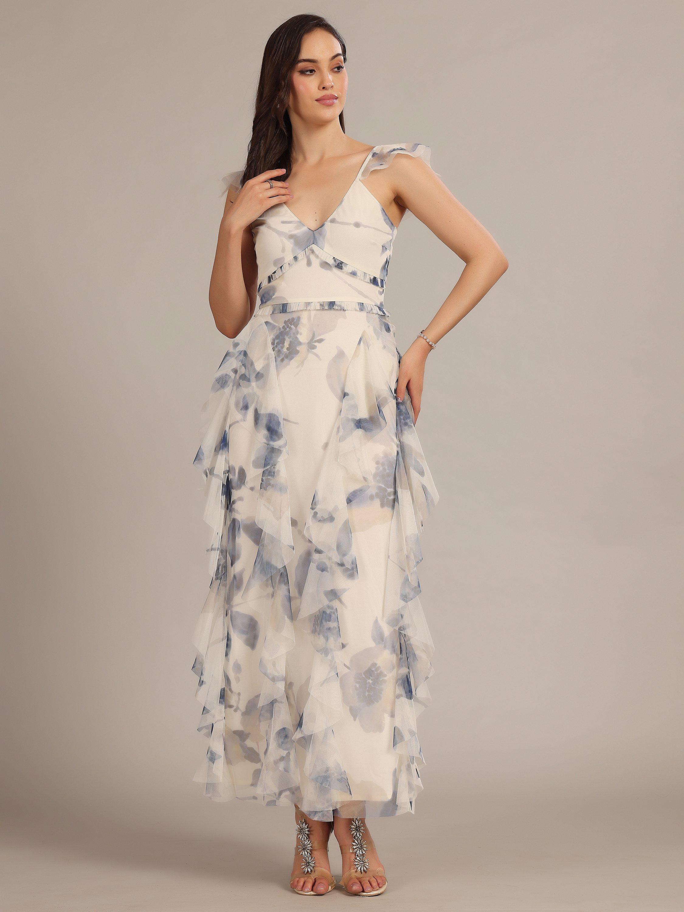 Product image 2 of 5, which shows Lace & Beads Malin Floral Tulle Ruffle Maxi Dress, White/Blue, 6