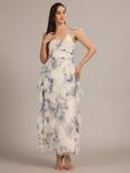 Lace & Beads Malin Floral Tulle Ruffle Maxi Dress, White/Blue