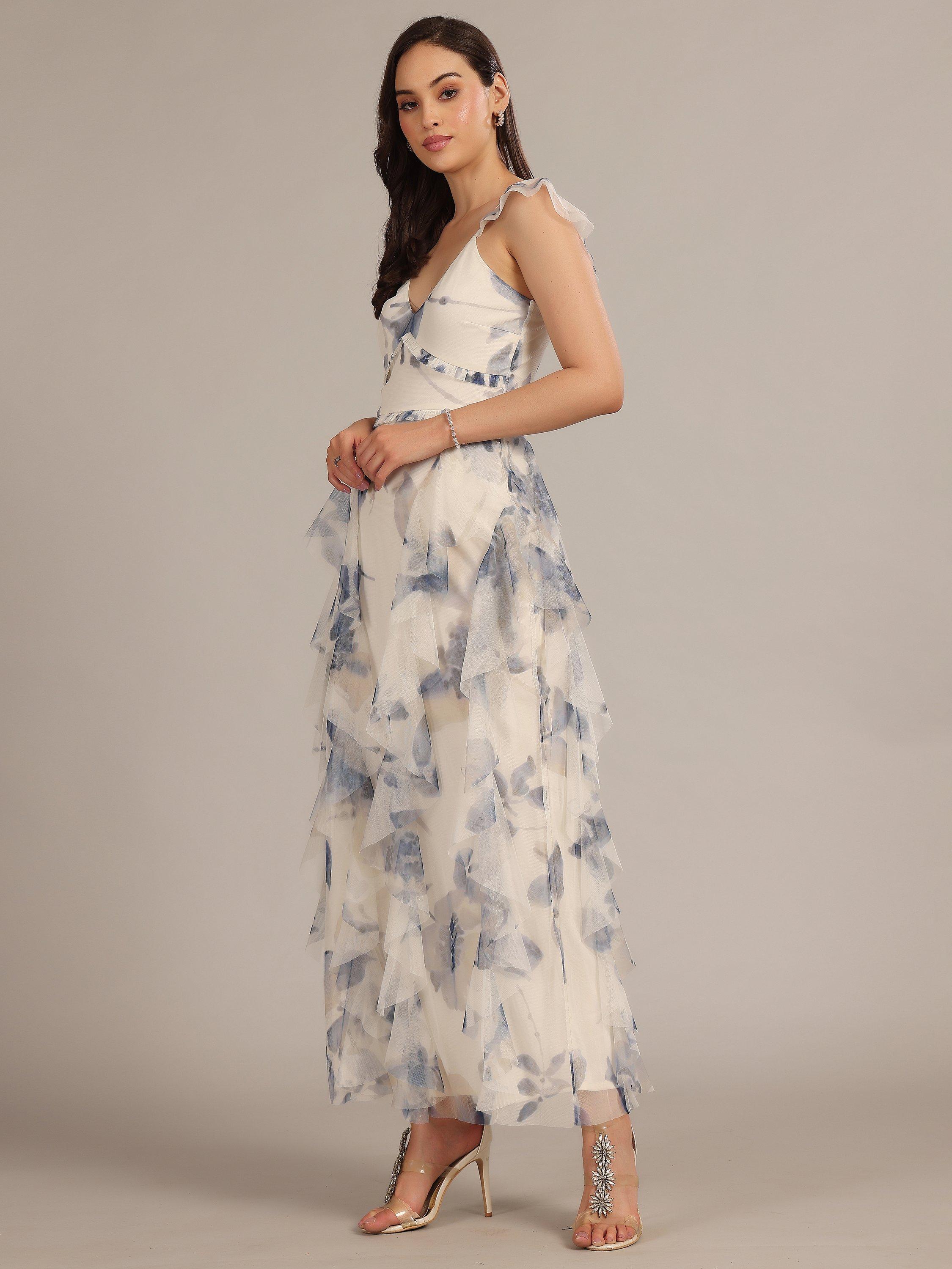 Product image 3 of 5, which shows Lace & Beads Malin Floral Tulle Ruffle Maxi Dress, White/Blue, 6