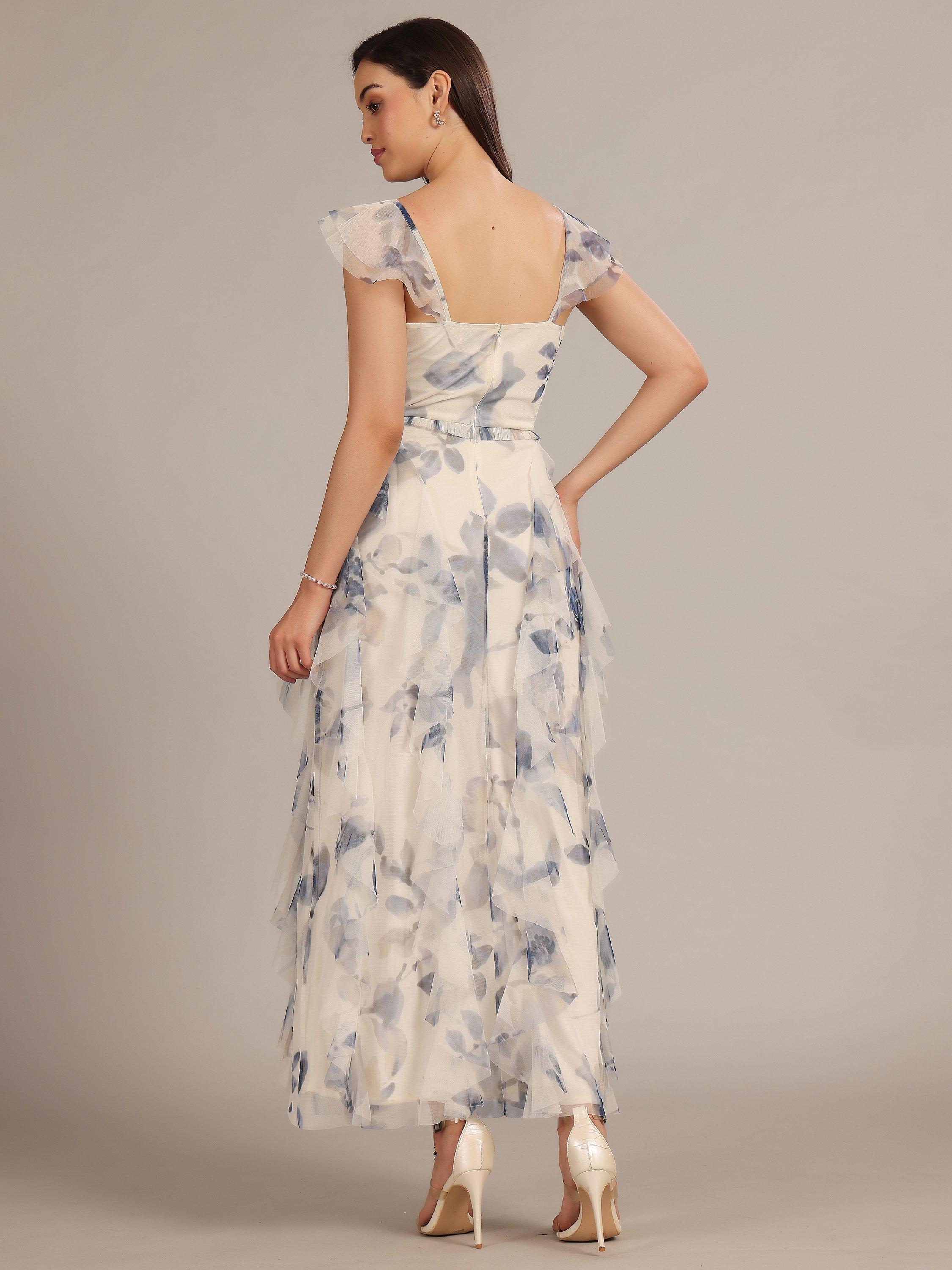 Product image 4 of 5, which shows Lace & Beads Malin Floral Tulle Ruffle Maxi Dress, White/Blue, 6