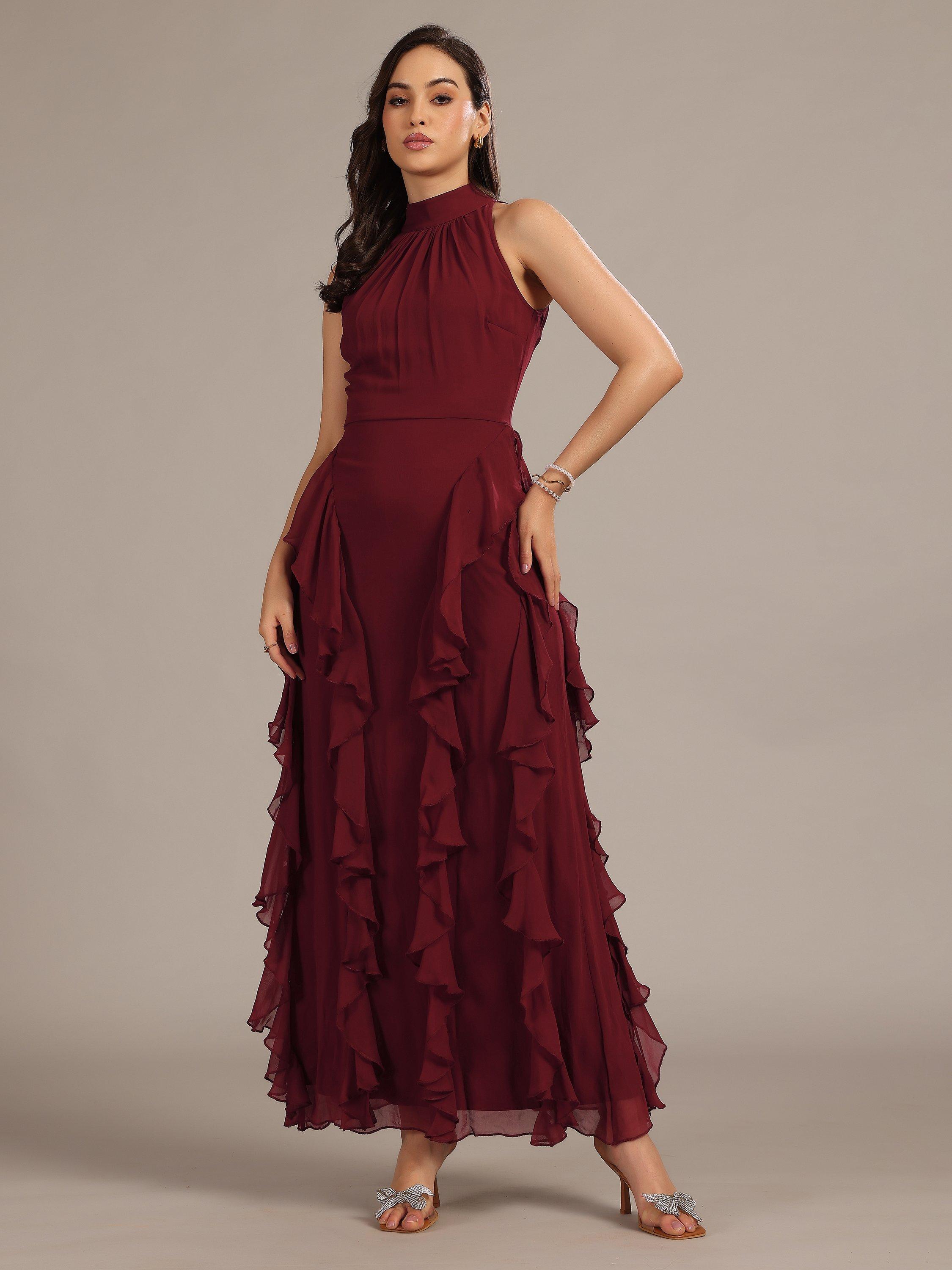 Product image 1 of 5, which shows Lace & Beads Malinina High-Neck Backless Ruffle Maxi Dress, Burgundy, 6