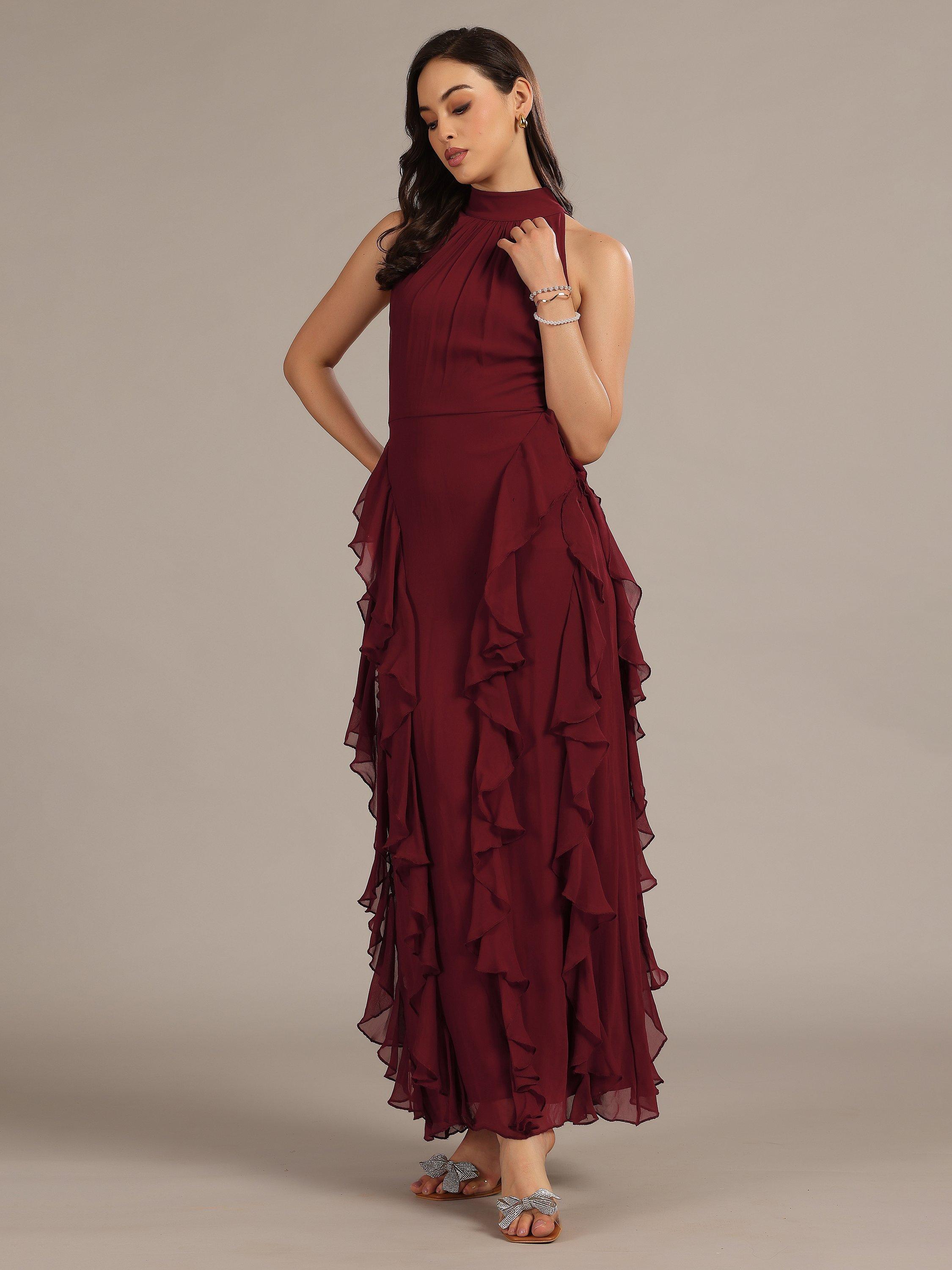Product image 2 of 5, which shows Lace & Beads Malinina High-Neck Backless Ruffle Maxi Dress, Burgundy, 6