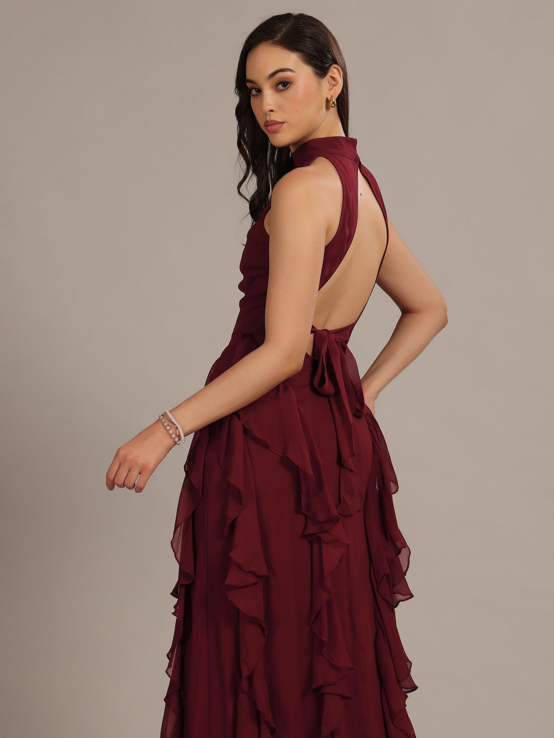 Product image 3 of 5, which shows Lace & Beads Malinina High-Neck Backless Ruffle Maxi Dress, Burgundy, 6