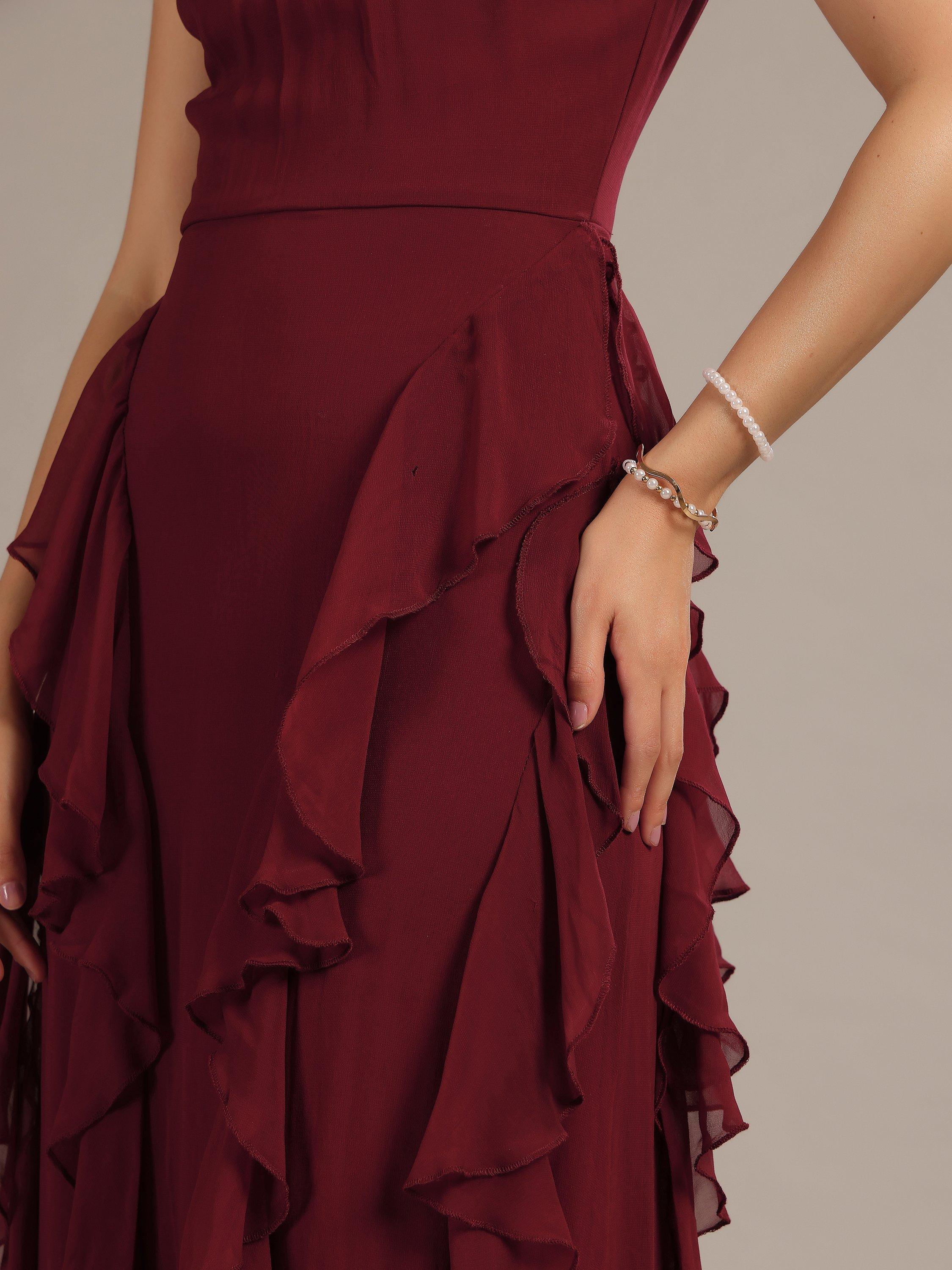 Product image 4 of 5, which shows Lace & Beads Malinina High-Neck Backless Ruffle Maxi Dress, Burgundy, 6