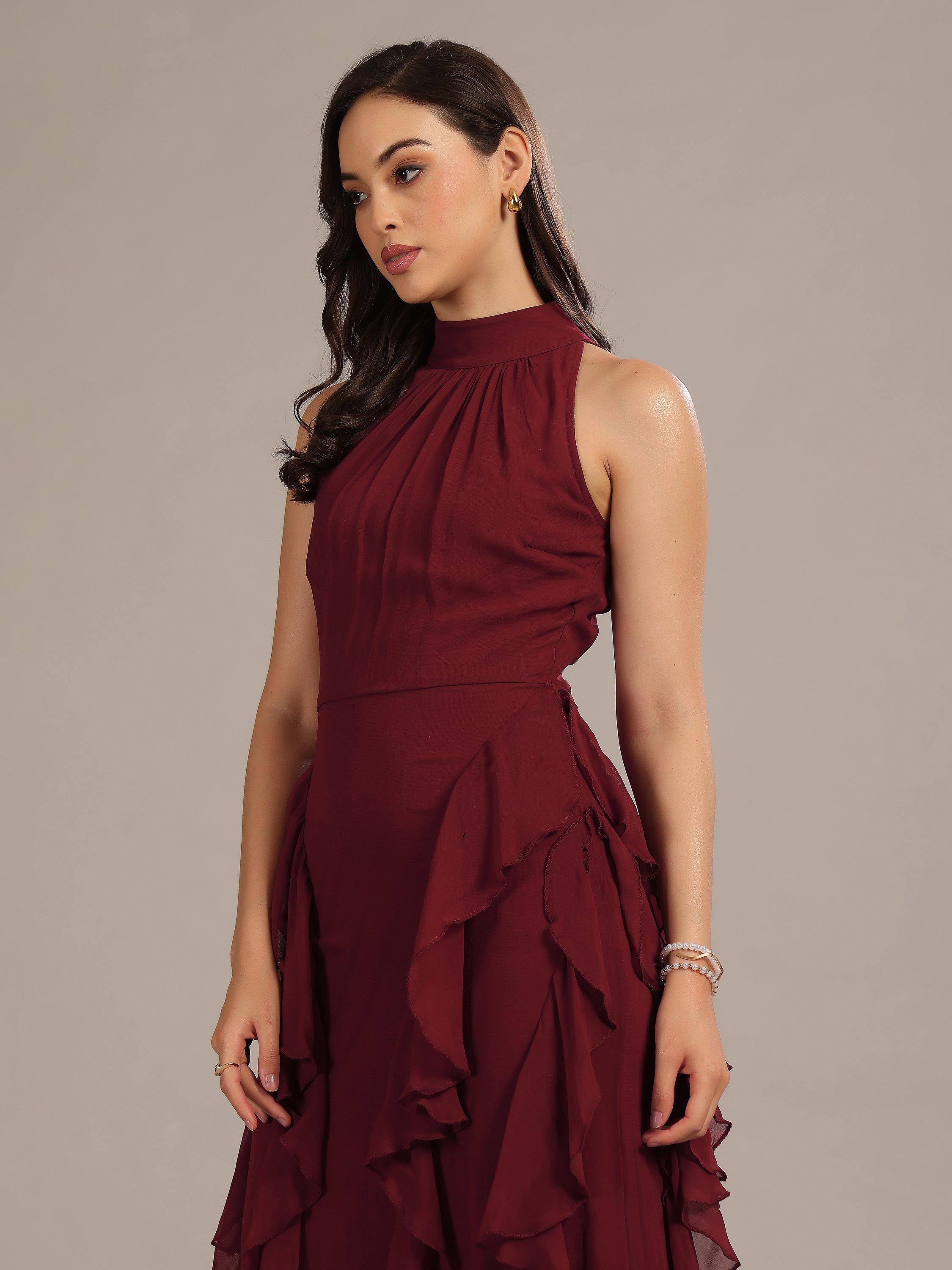 Product image 5 of 5, which shows Lace & Beads Malinina High-Neck Backless Ruffle Maxi Dress, Burgundy, 6