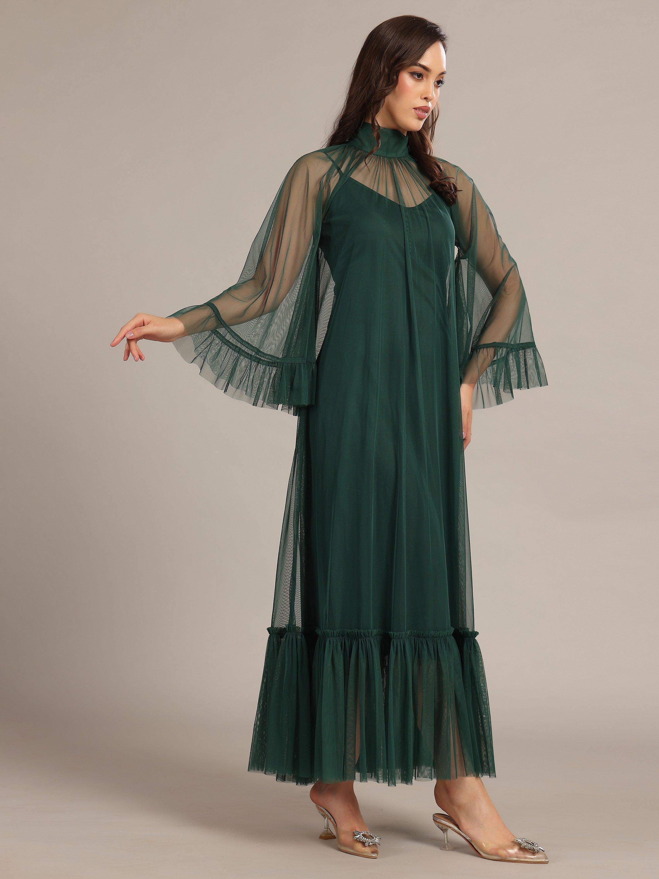 Product image 2 of 6, which shows Lace & Beads Malta Long Sleeved Sheer Tulle Maxi Dress, Emerald Green, 6