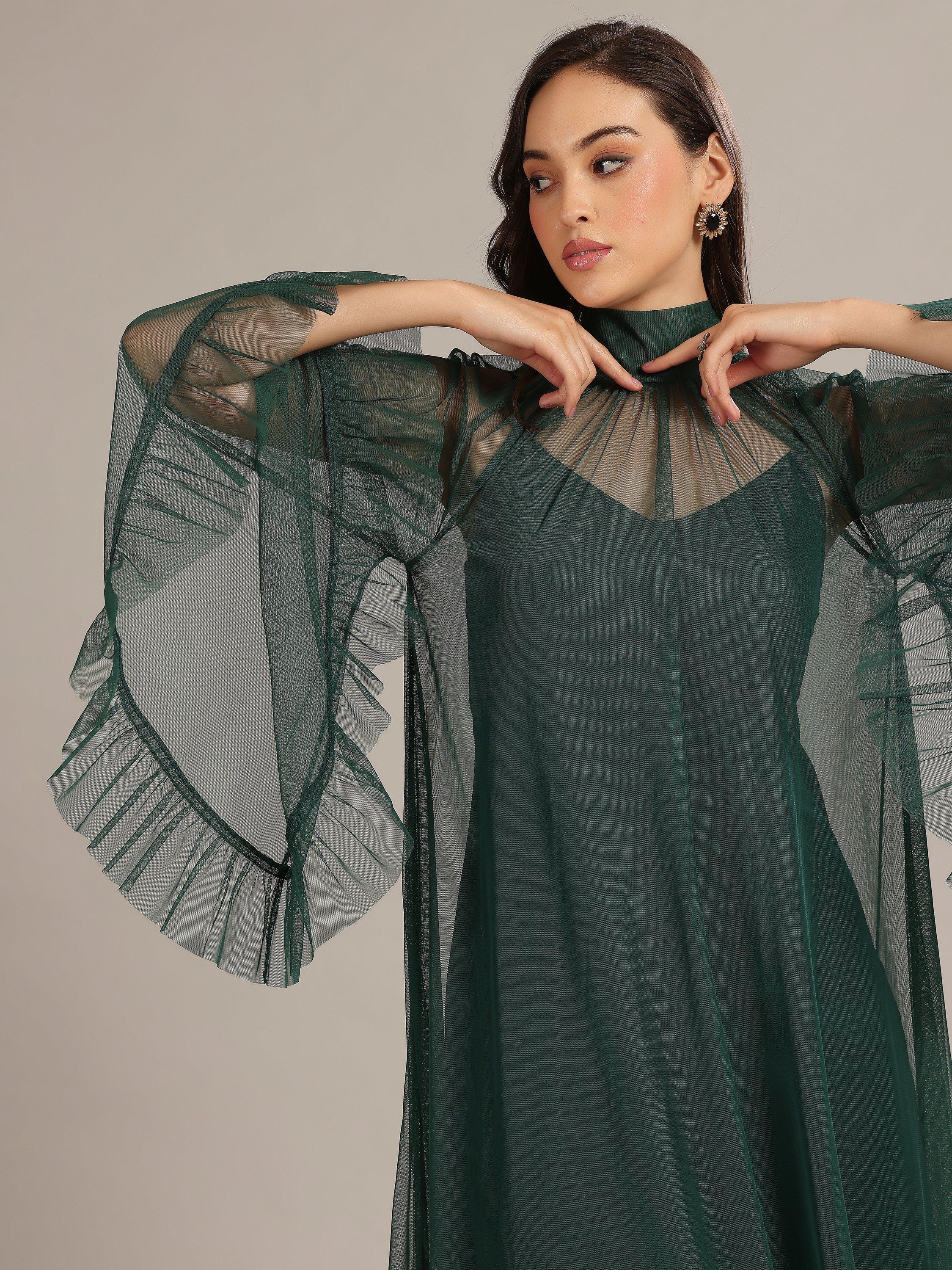 Product image 3 of 6, which shows Lace & Beads Malta Long Sleeved Sheer Tulle Maxi Dress, Emerald Green, 6