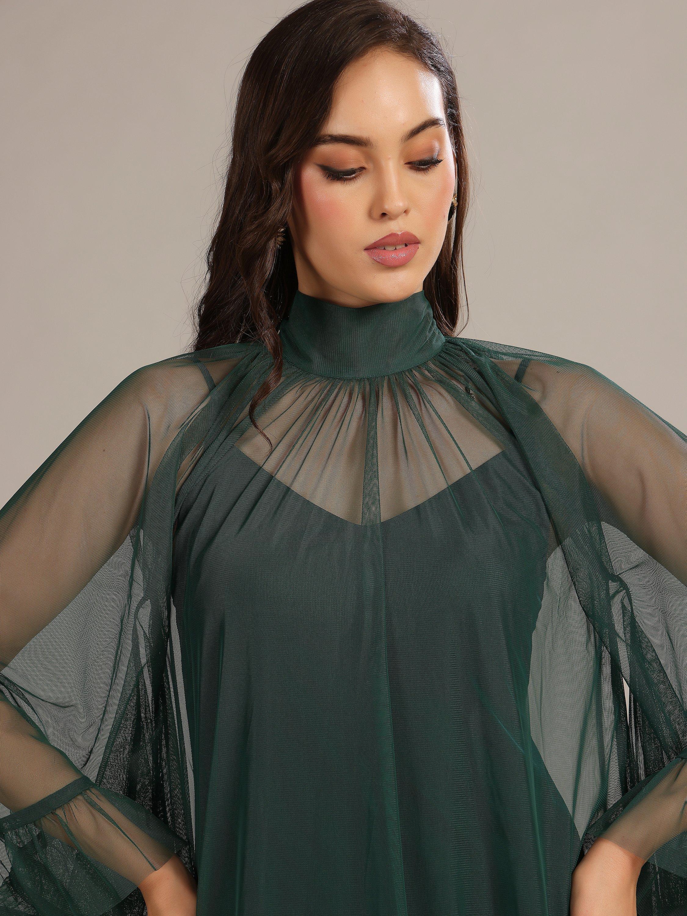 Product image 4 of 6, which shows Lace & Beads Malta Long Sleeved Sheer Tulle Maxi Dress, Emerald Green, 6