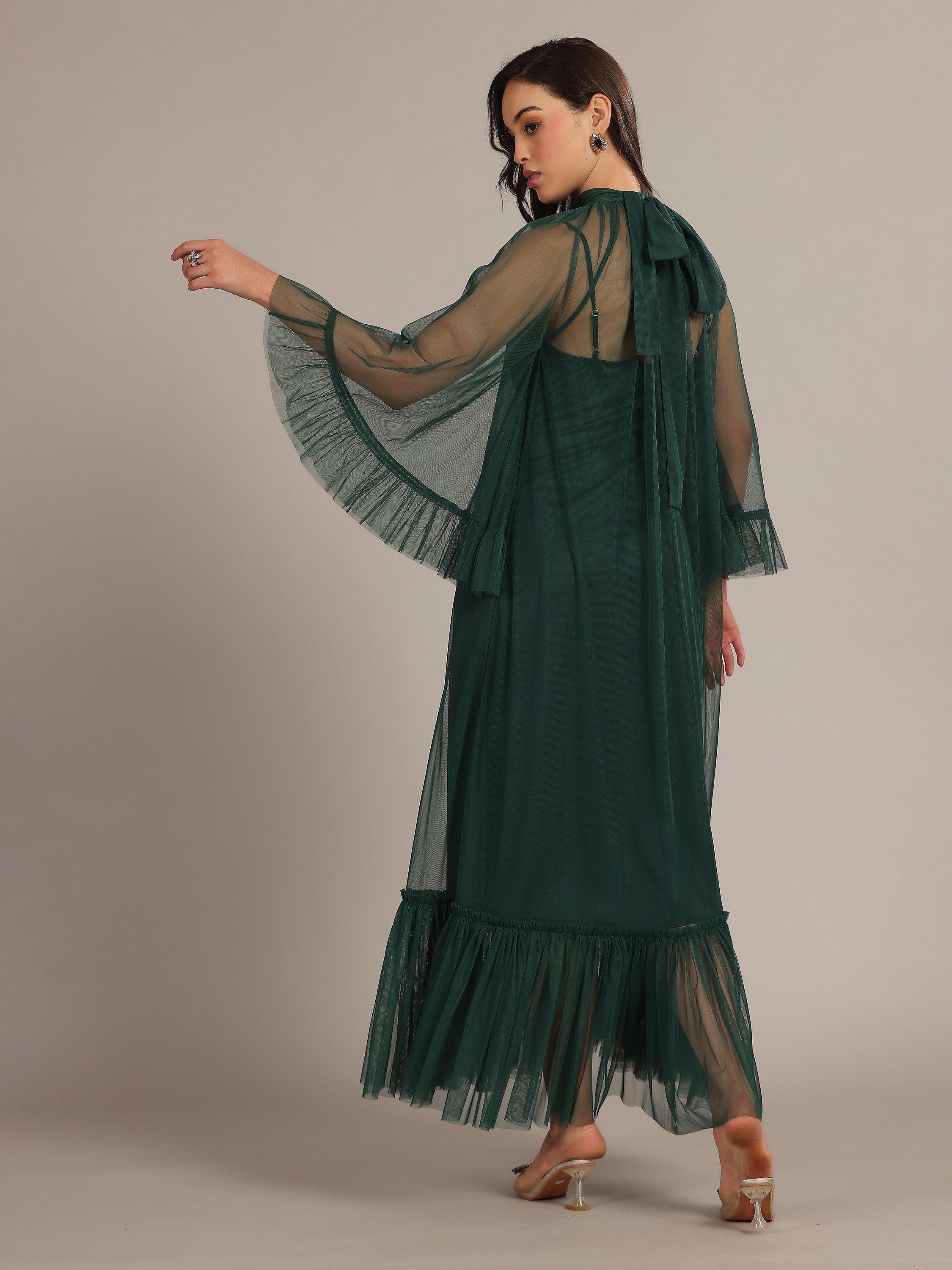 Product image 5 of 6, which shows Lace & Beads Malta Long Sleeved Sheer Tulle Maxi Dress, Emerald Green, 6