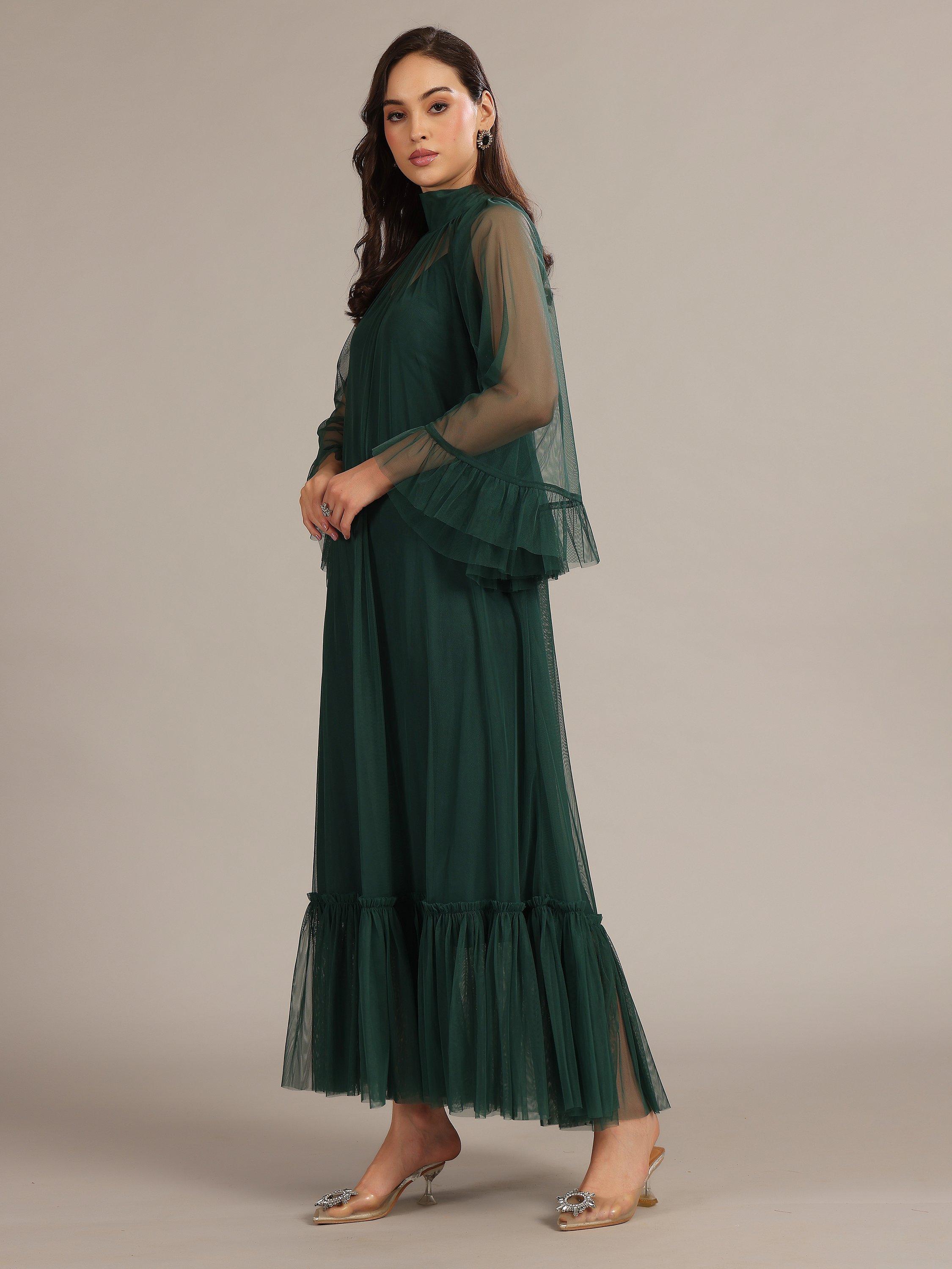 Product image 6 of 6, which shows Lace & Beads Malta Long Sleeved Sheer Tulle Maxi Dress, Emerald Green, 6