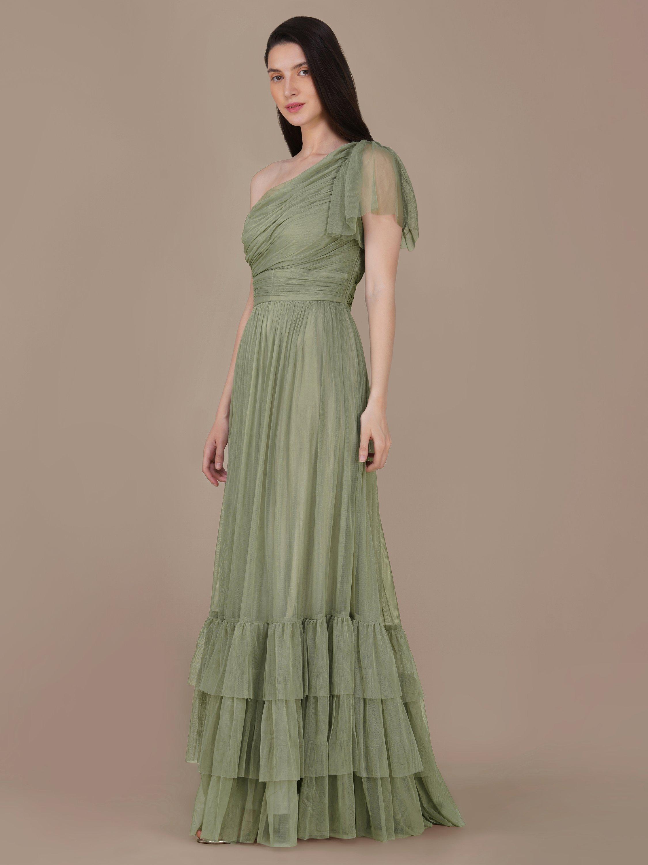 Product image 1 of 6, which shows Lace & Beads Madison One Shoulder Tulle Maxi Dress, Green, 6