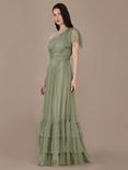 Lace & Beads Madison One Shoulder Tulle Maxi Dress, Green