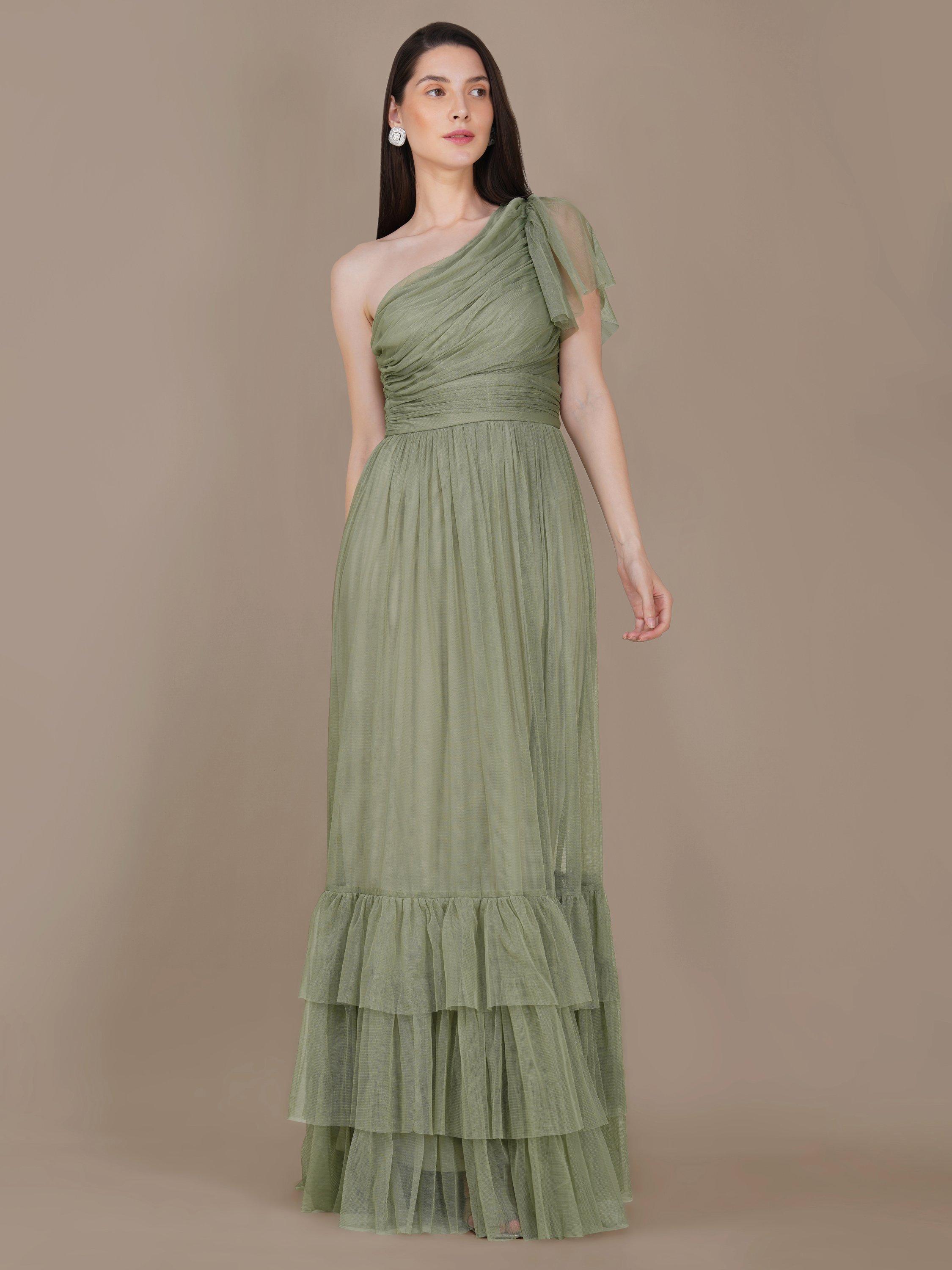 Product image 2 of 6, which shows Lace & Beads Madison One Shoulder Tulle Maxi Dress, Green, 6