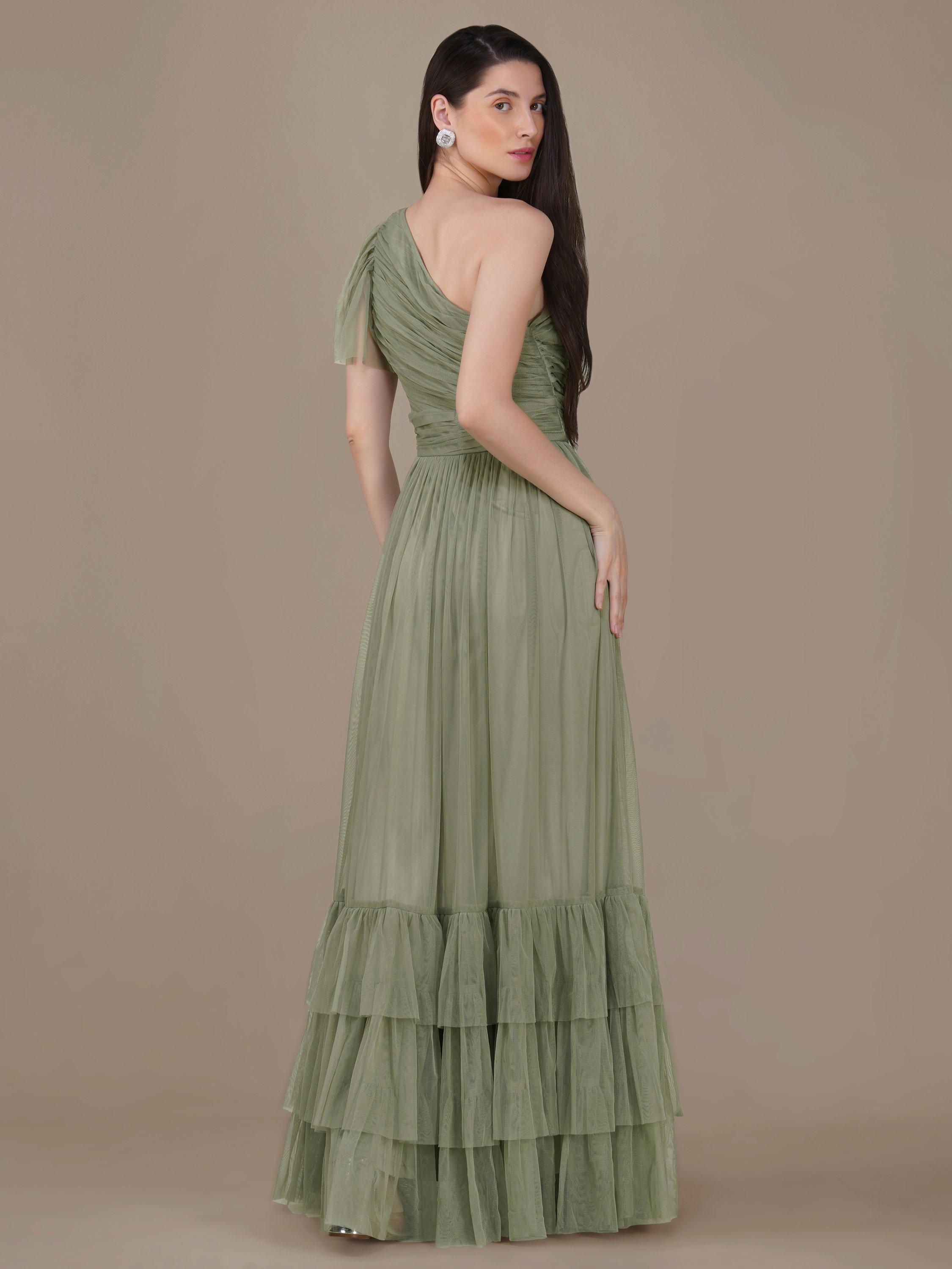 Product image 3 of 6, which shows Lace & Beads Madison One Shoulder Tulle Maxi Dress, Green, 6