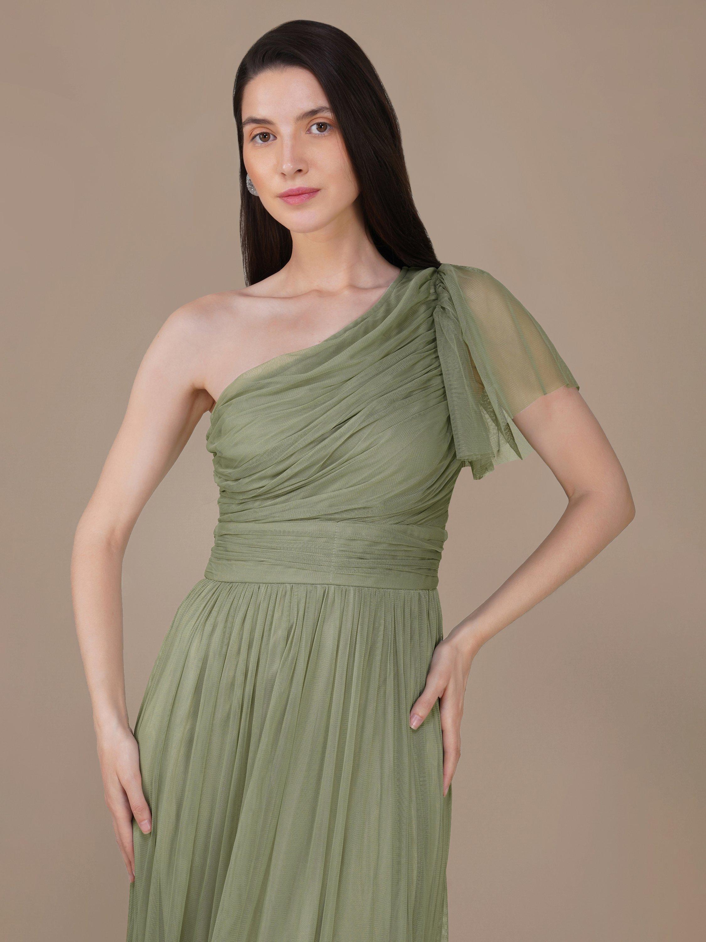 Product image 4 of 6, which shows Lace & Beads Madison One Shoulder Tulle Maxi Dress, Green, 6