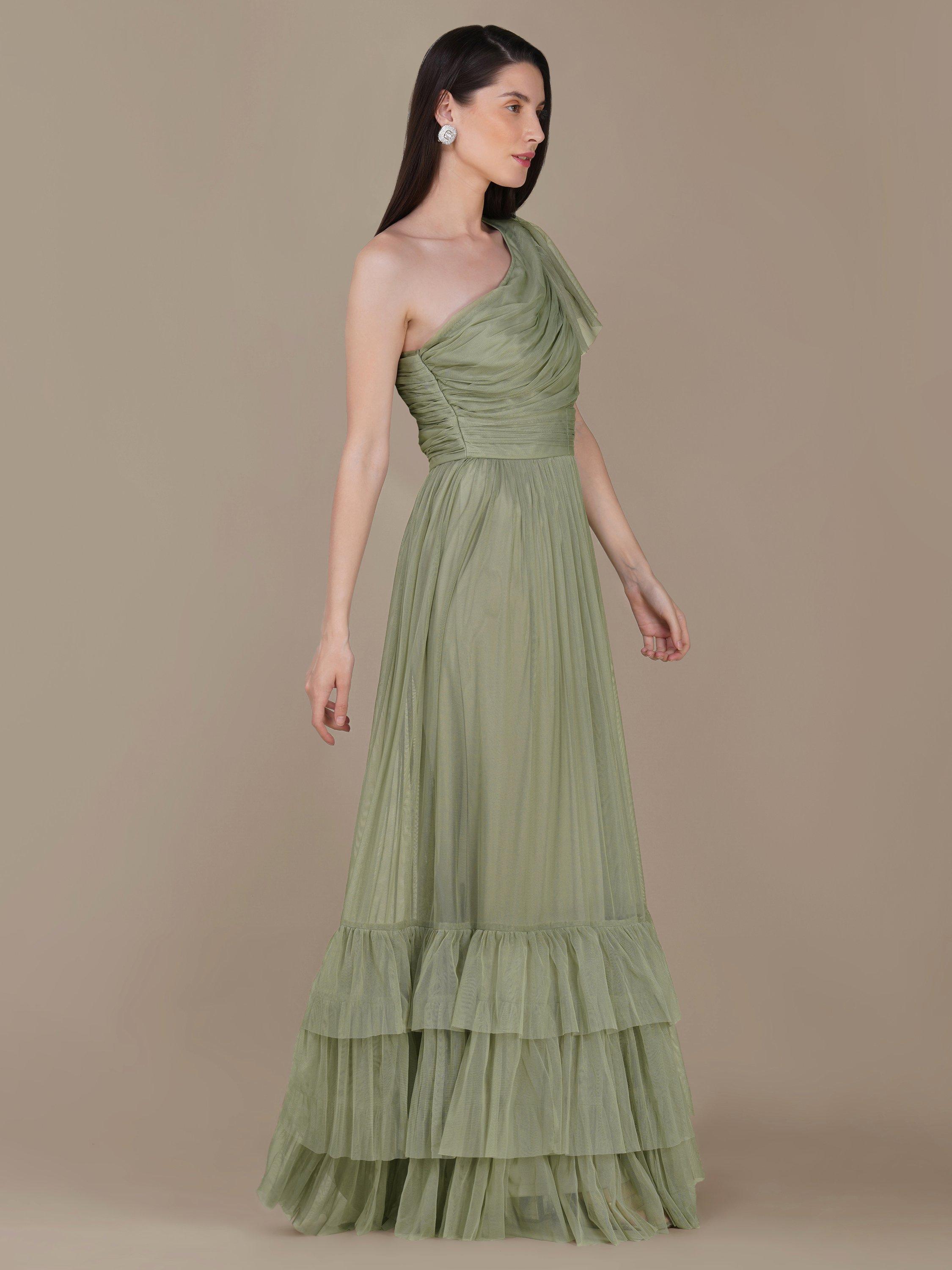 Product image 5 of 6, which shows Lace & Beads Madison One Shoulder Tulle Maxi Dress, Green, 6