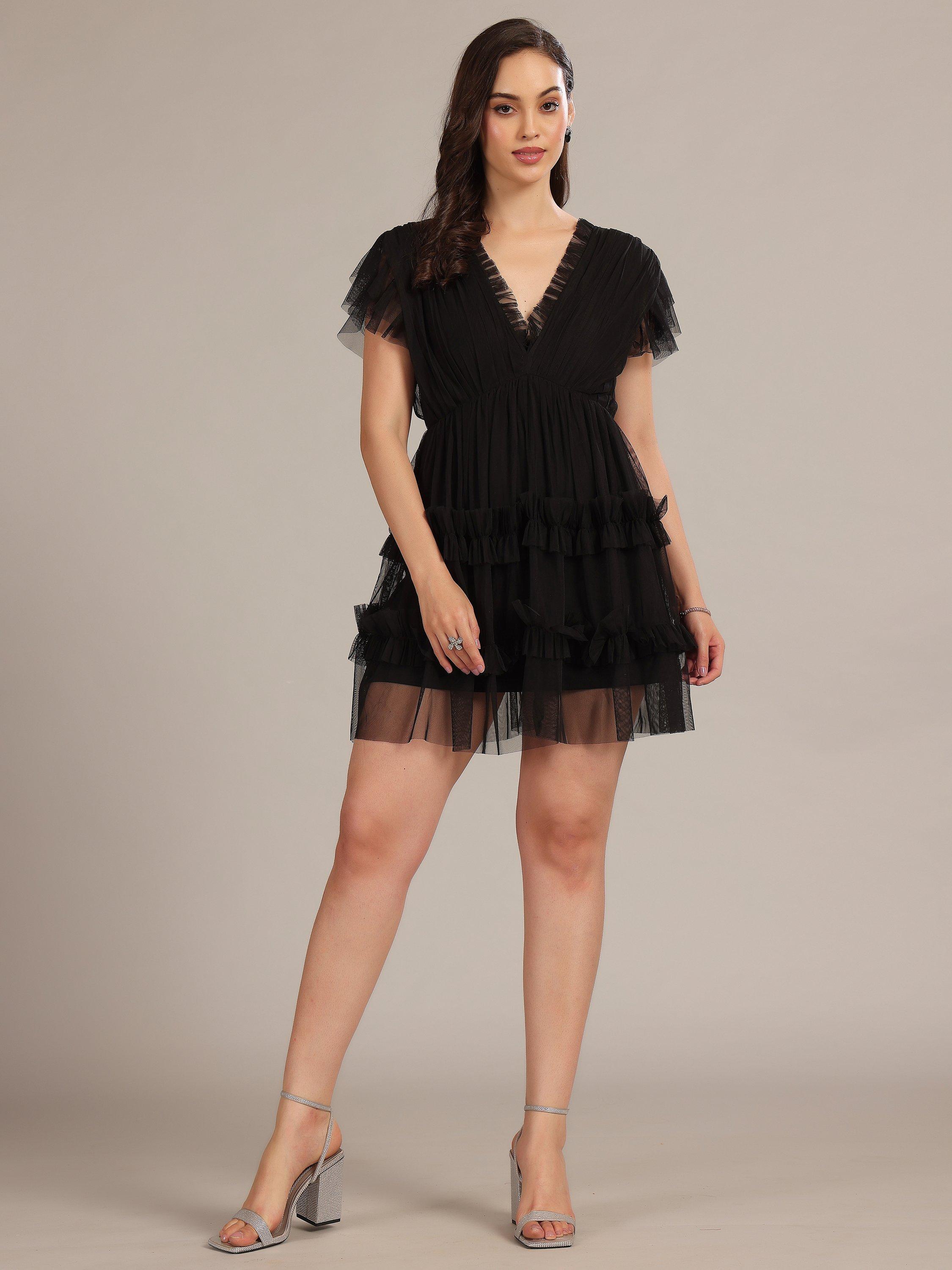 Product image 1 of 4, which shows Lace & Beads Shauna Tulle Ruffle Plunging Mini Dress, Black, 6