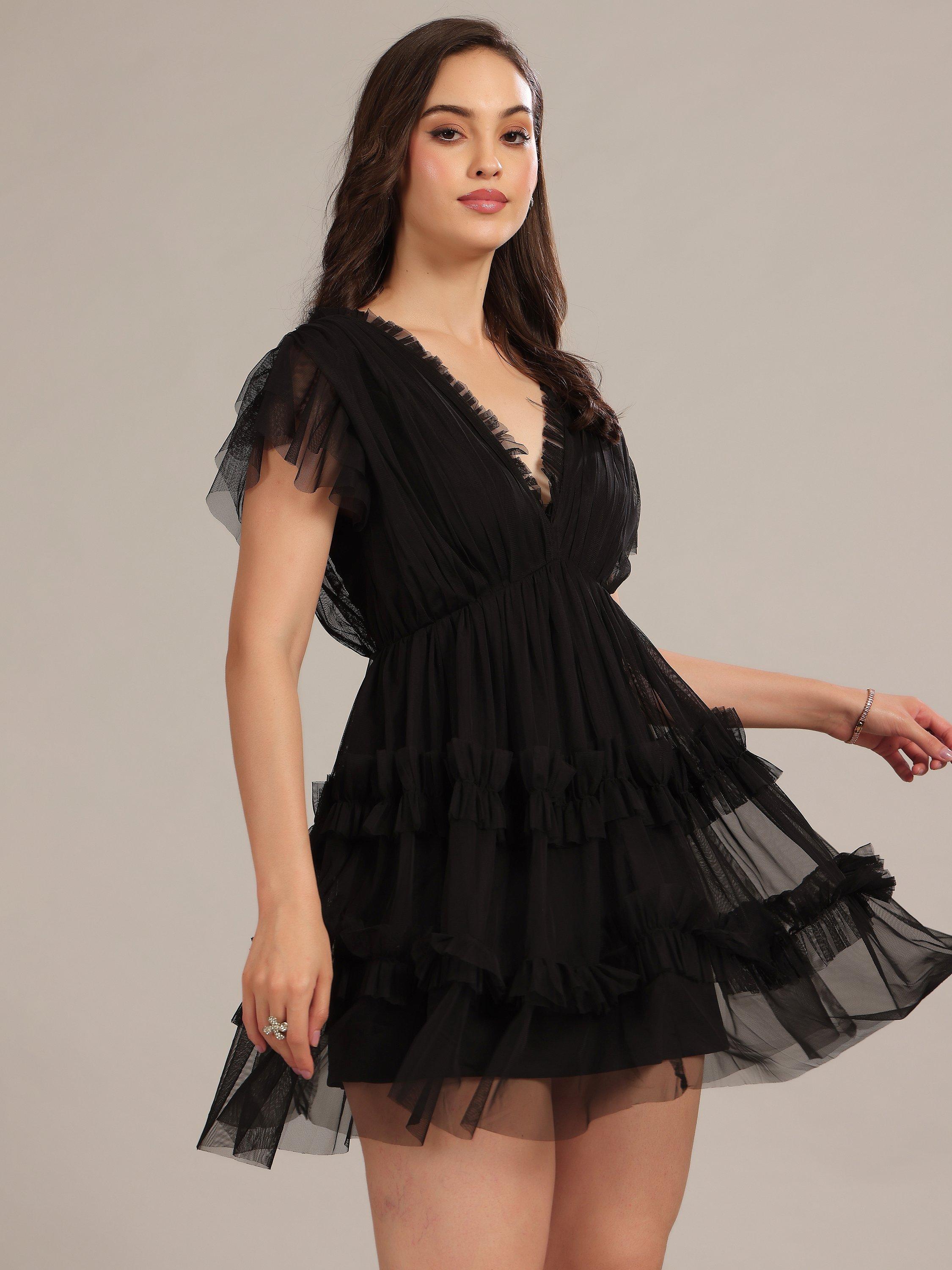 Product image 2 of 4, which shows Lace & Beads Shauna Tulle Ruffle Plunging Mini Dress, Black, 6