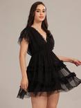 Lace & Beads Shauna Tulle Ruffle Plunging Mini Dress, Black