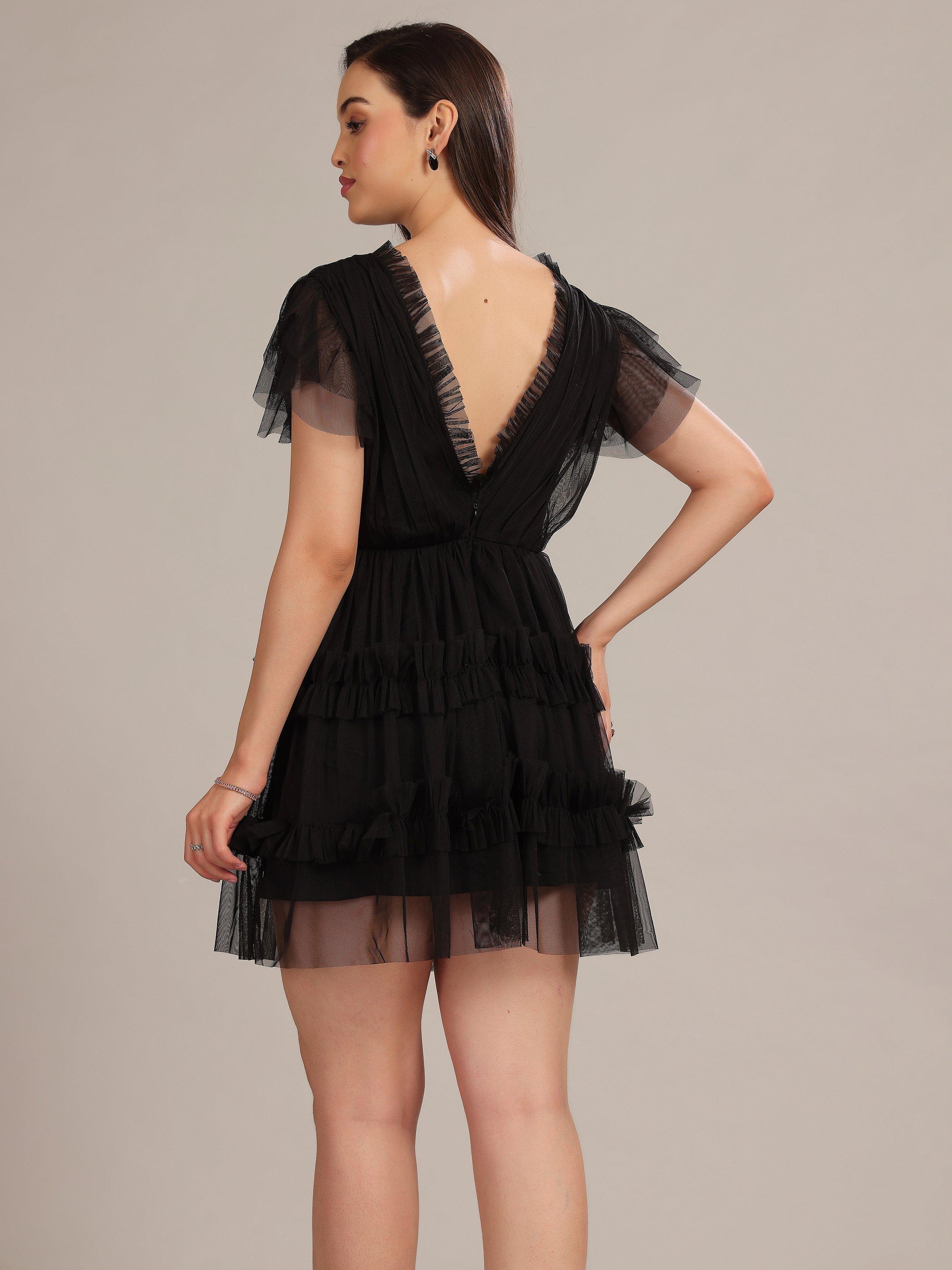 Product image 3 of 4, which shows Lace & Beads Shauna Tulle Ruffle Plunging Mini Dress, Black, 6