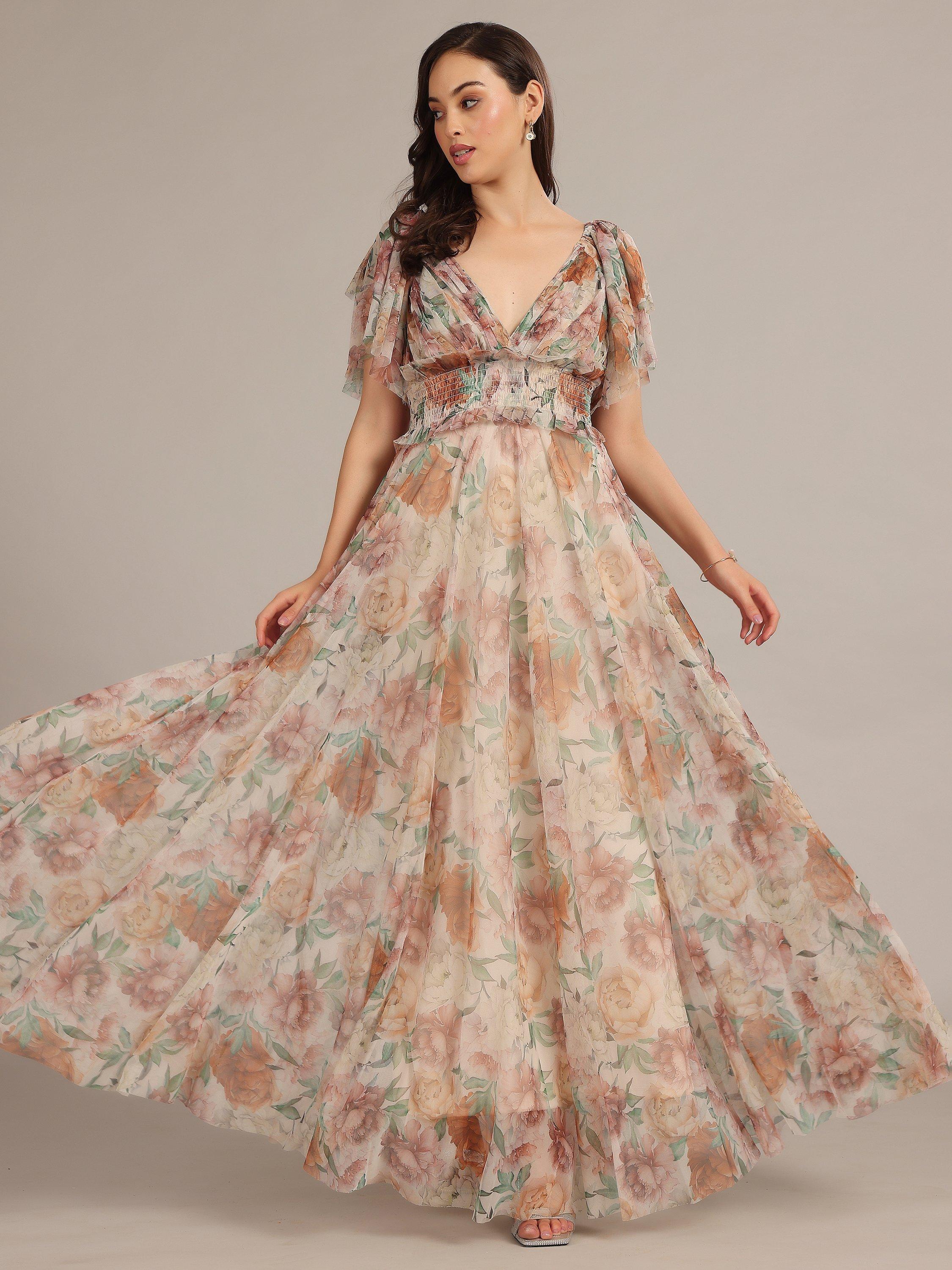 Product image 2 of 5, which shows Lace & Beads Shelby Floral Tulle Maxi Dress, Brown/Multi, 6
