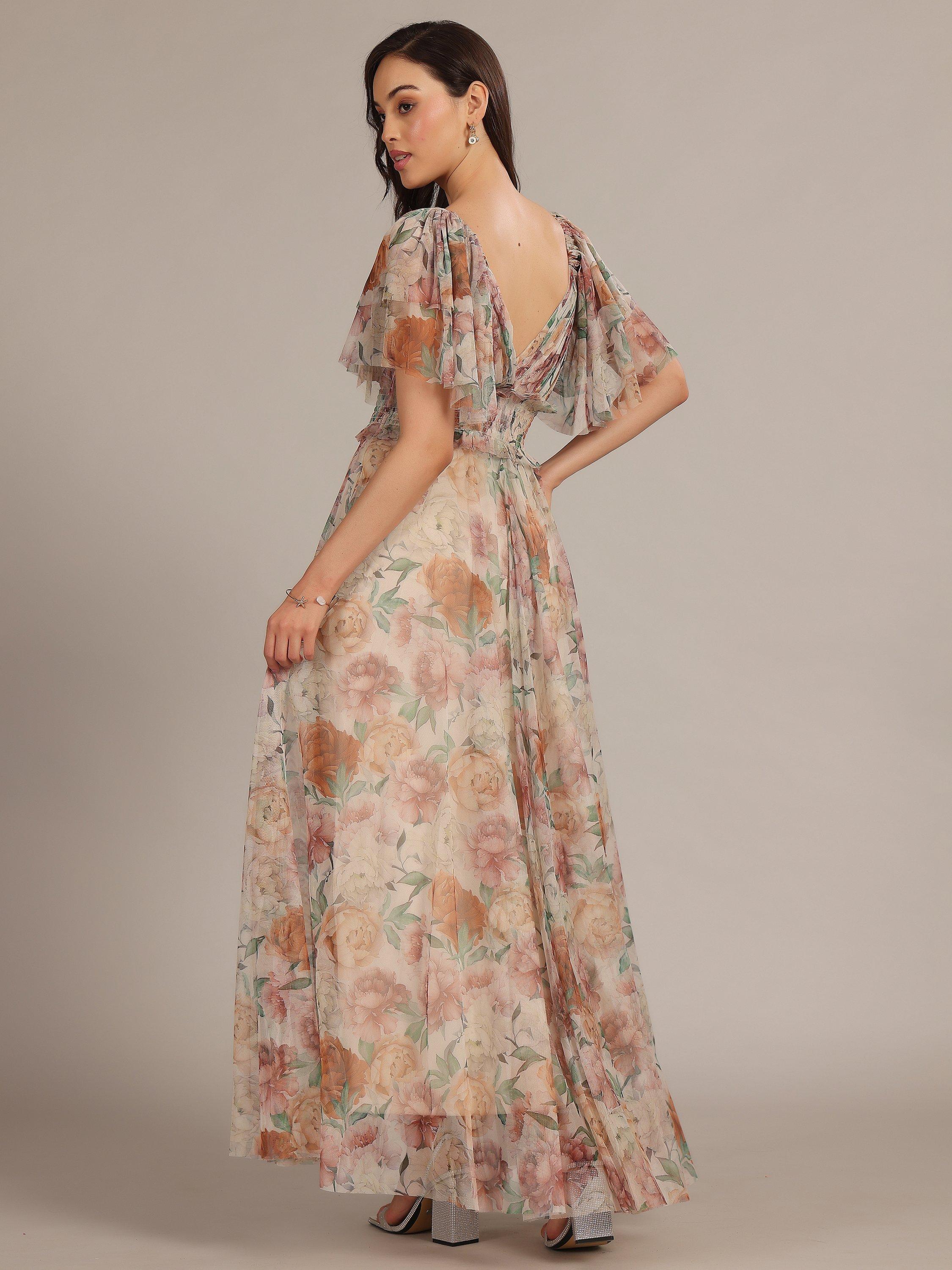 Product image 3 of 5, which shows Lace & Beads Shelby Floral Tulle Maxi Dress, Brown/Multi, 6