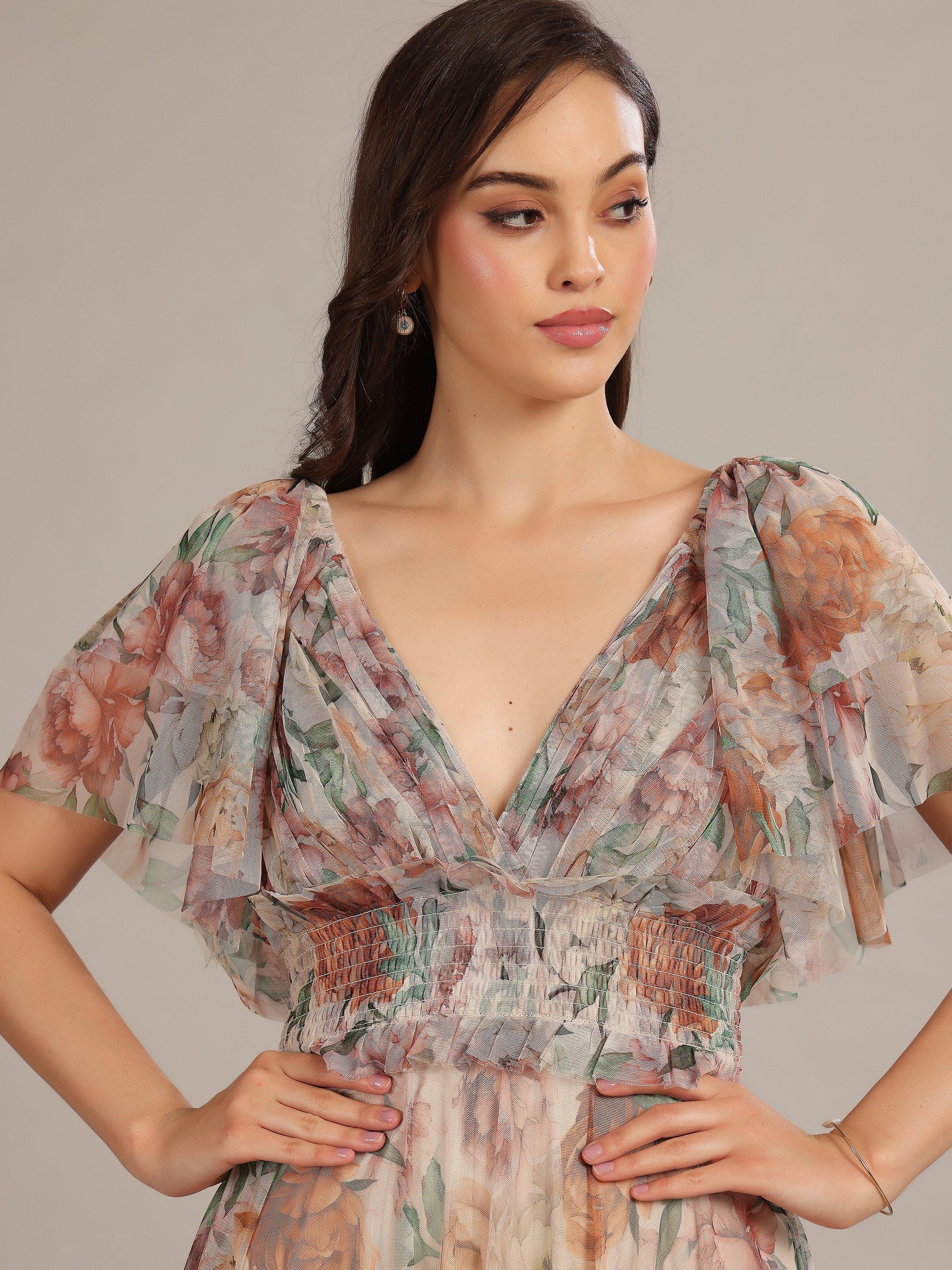 Product image 4 of 5, which shows Lace & Beads Shelby Floral Tulle Maxi Dress, Brown/Multi, 6