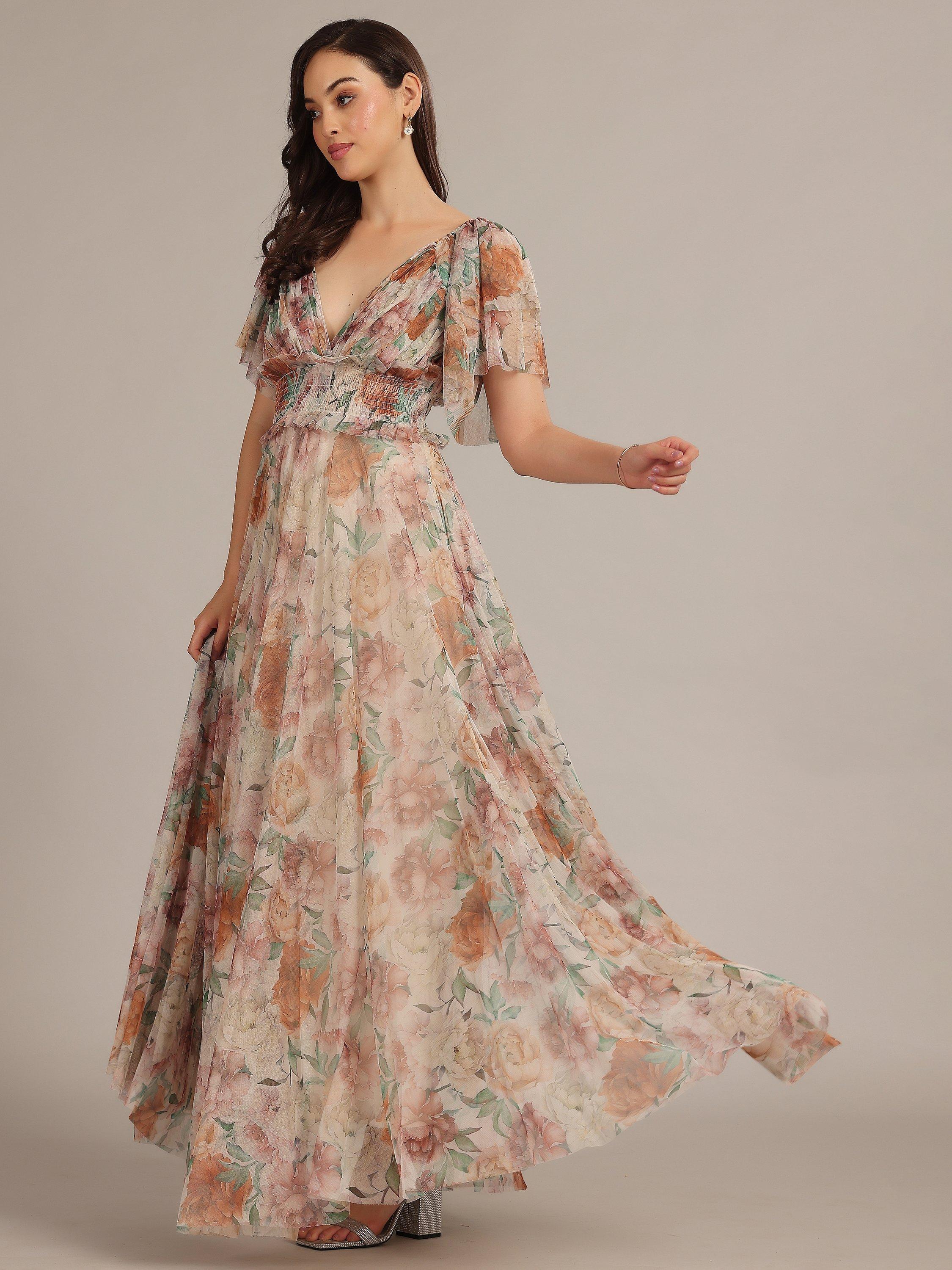 Product image 5 of 5, which shows Lace & Beads Shelby Floral Tulle Maxi Dress, Brown/Multi, 6