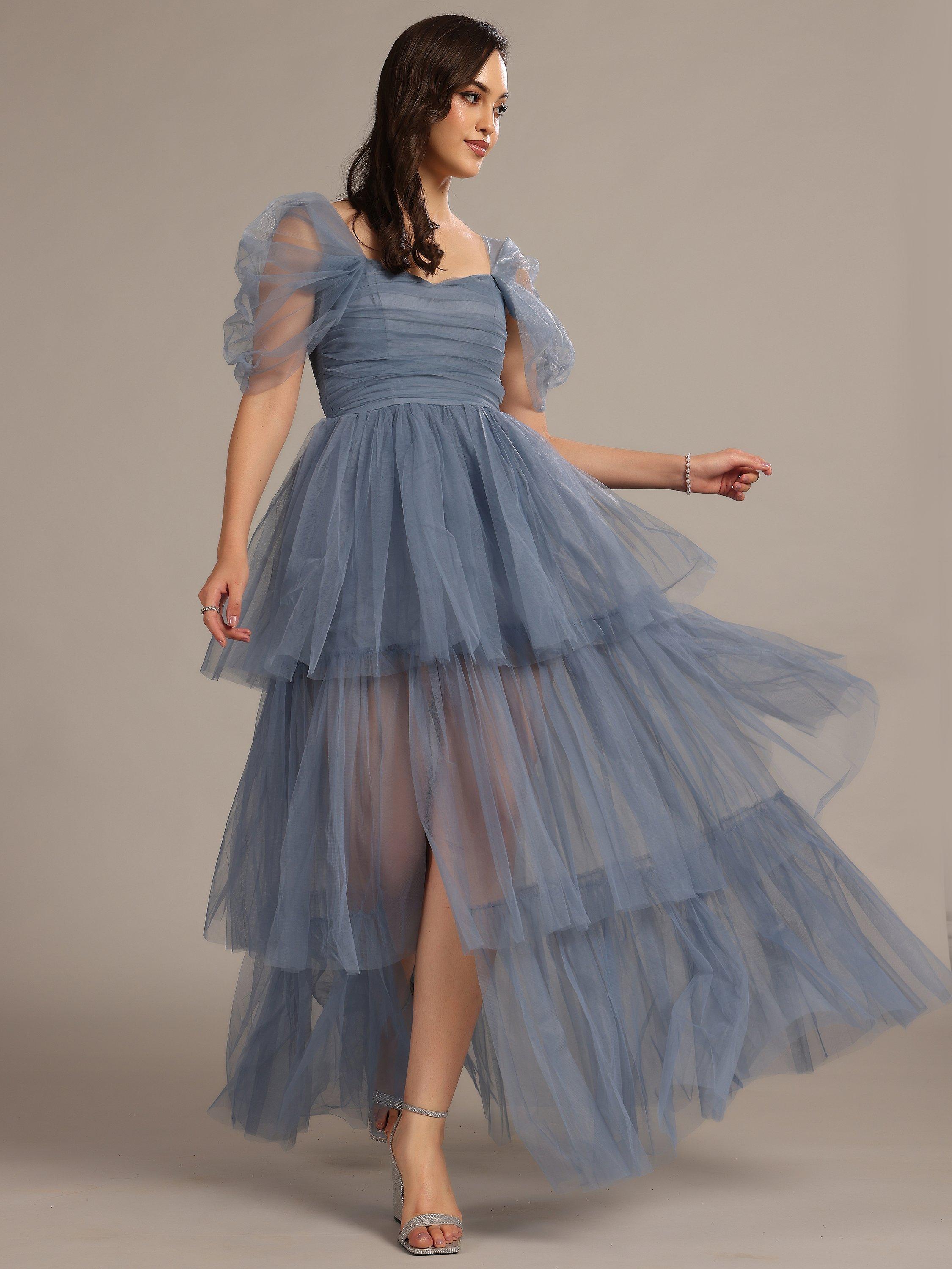 Product image 1 of 5, which shows Lace & Beads Sydney Off Shoulder Tulle Tiered Maxi Dress, Dusty Blue, 6
