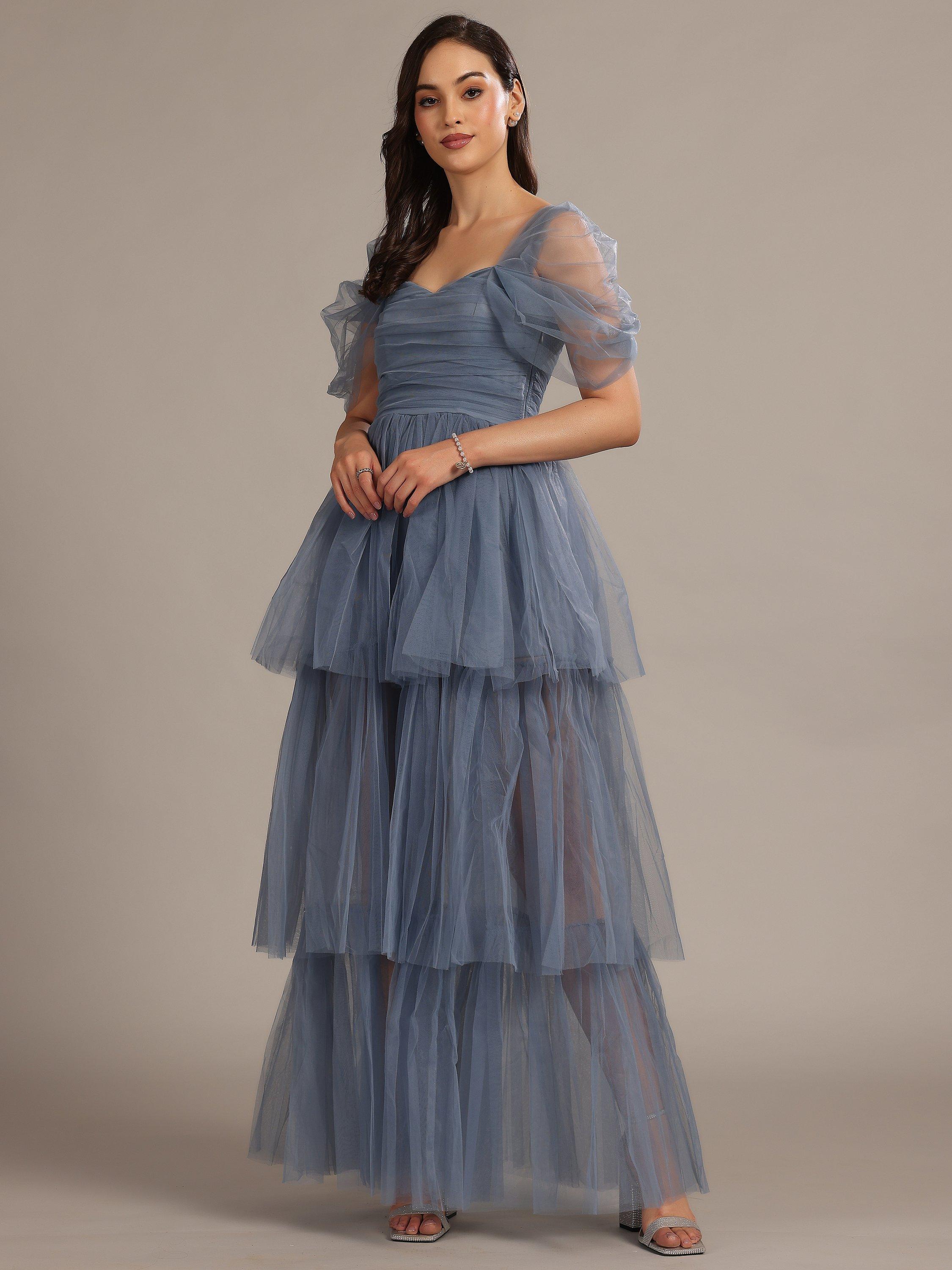 Product image 2 of 5, which shows Lace & Beads Sydney Off Shoulder Tulle Tiered Maxi Dress, Dusty Blue, 6
